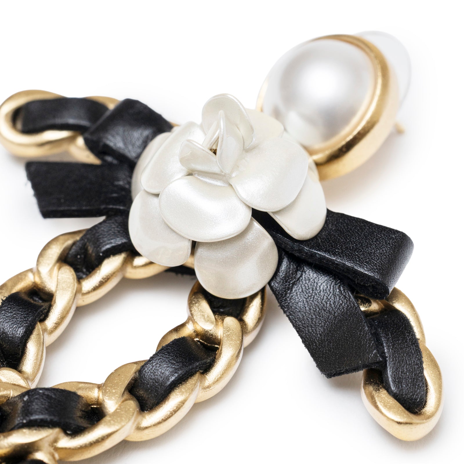 Chanel Black Bow With Camellia CC Earrings Gold Hardware