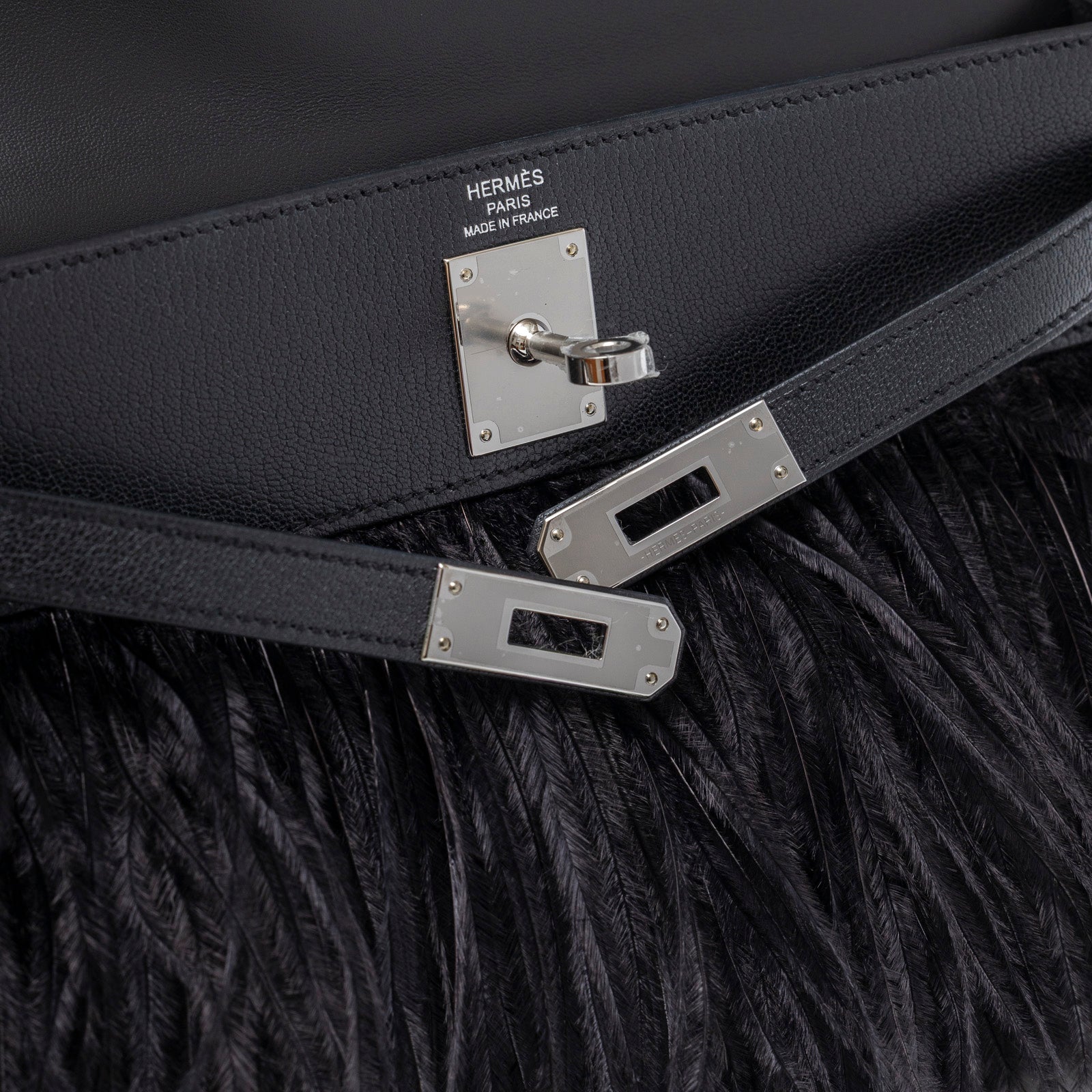 Hermès Kelly Elan Black Chevre Chamkila and Ostrich Feather Palladium Hardware