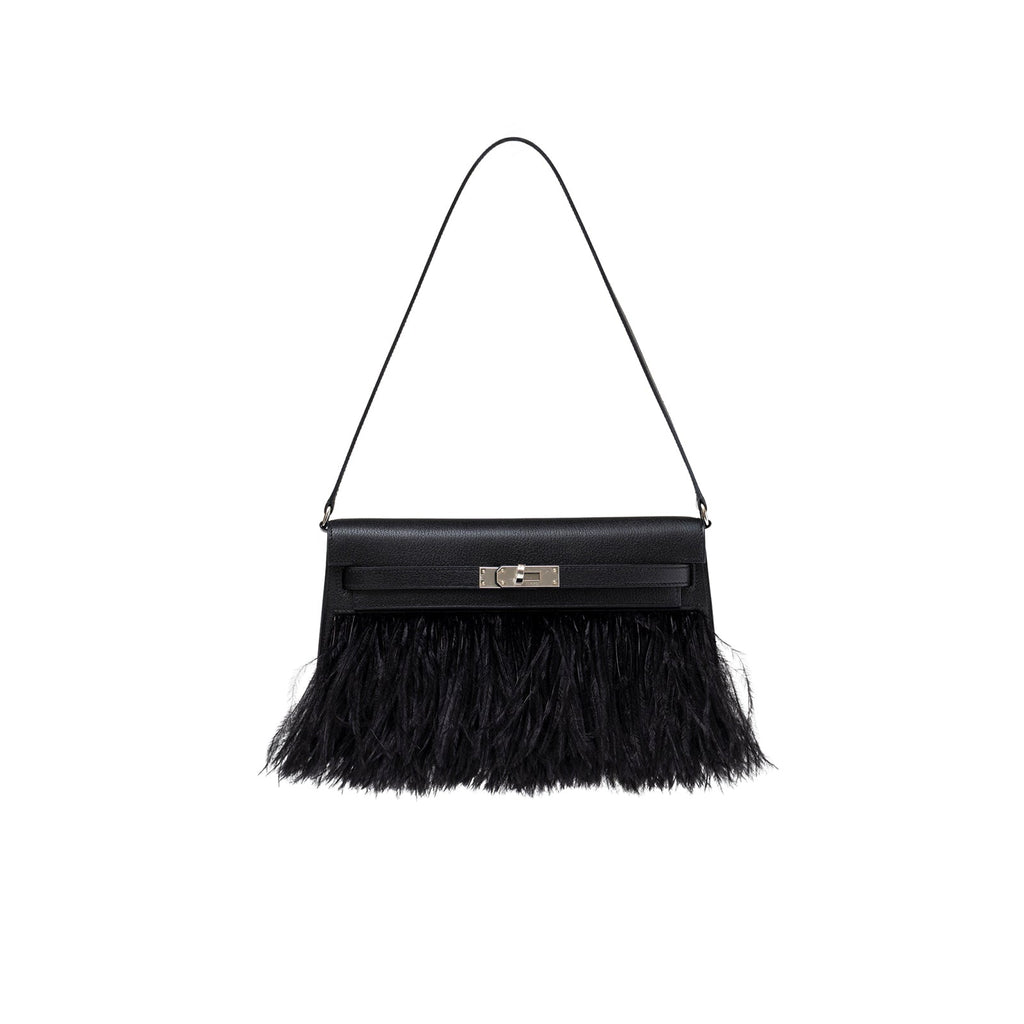 Hermès Kelly Elan Black Chevre Chamkila and Ostrich Feather Palladium Hardware