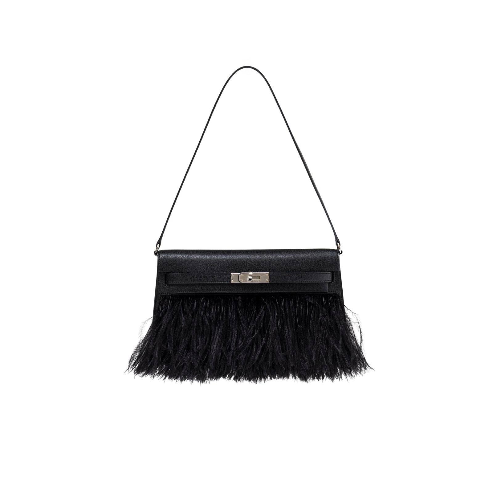 Hermès Kelly Elan Black Chevre Chamkila and Ostrich Feather Palladium Hardware