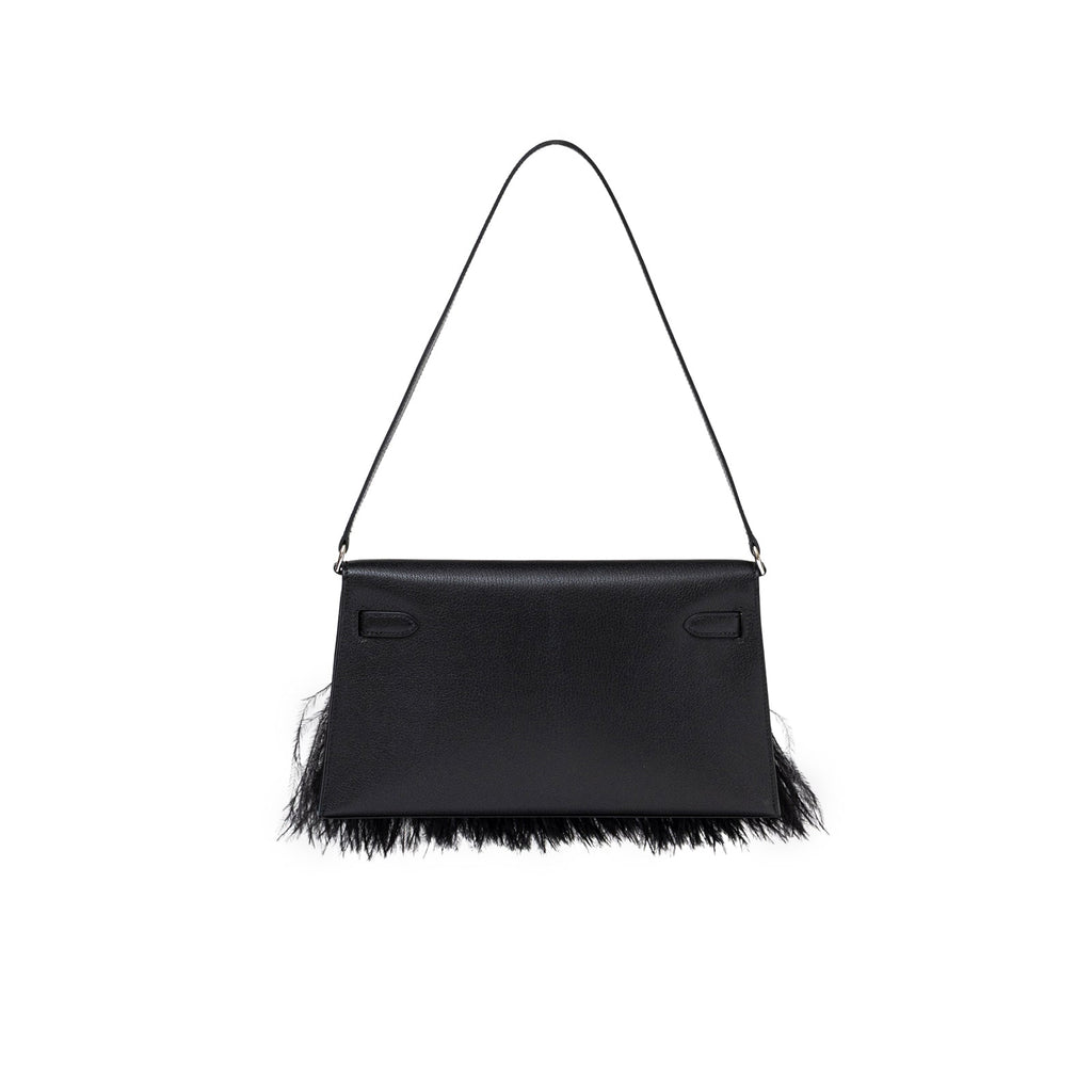 Hermès Kelly Elan Black Chevre Chamkila and Ostrich Feather Palladium Hardware