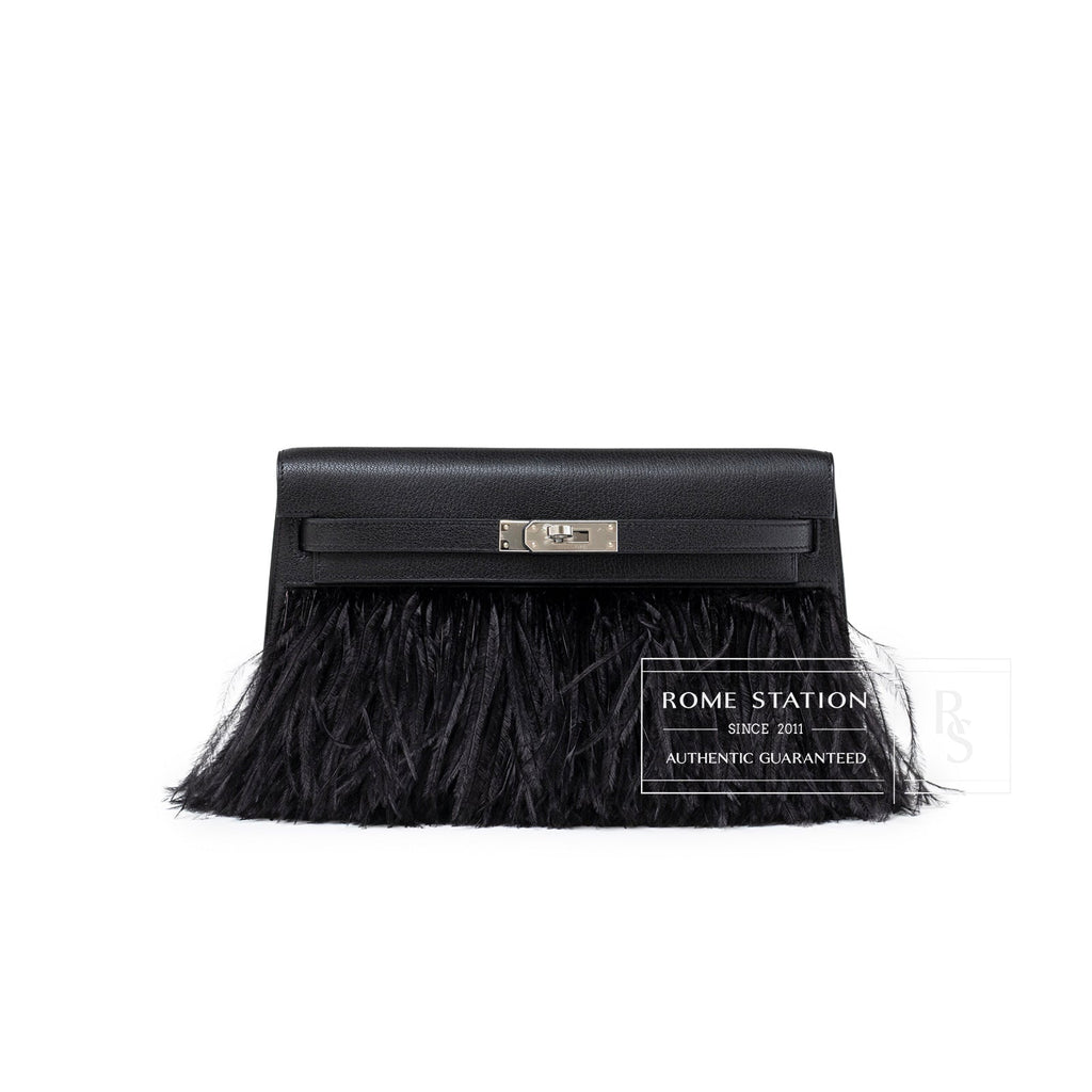 Hermès Kelly Elan Black Chevre Chamkila and Ostrich Feather Palladium Hardware