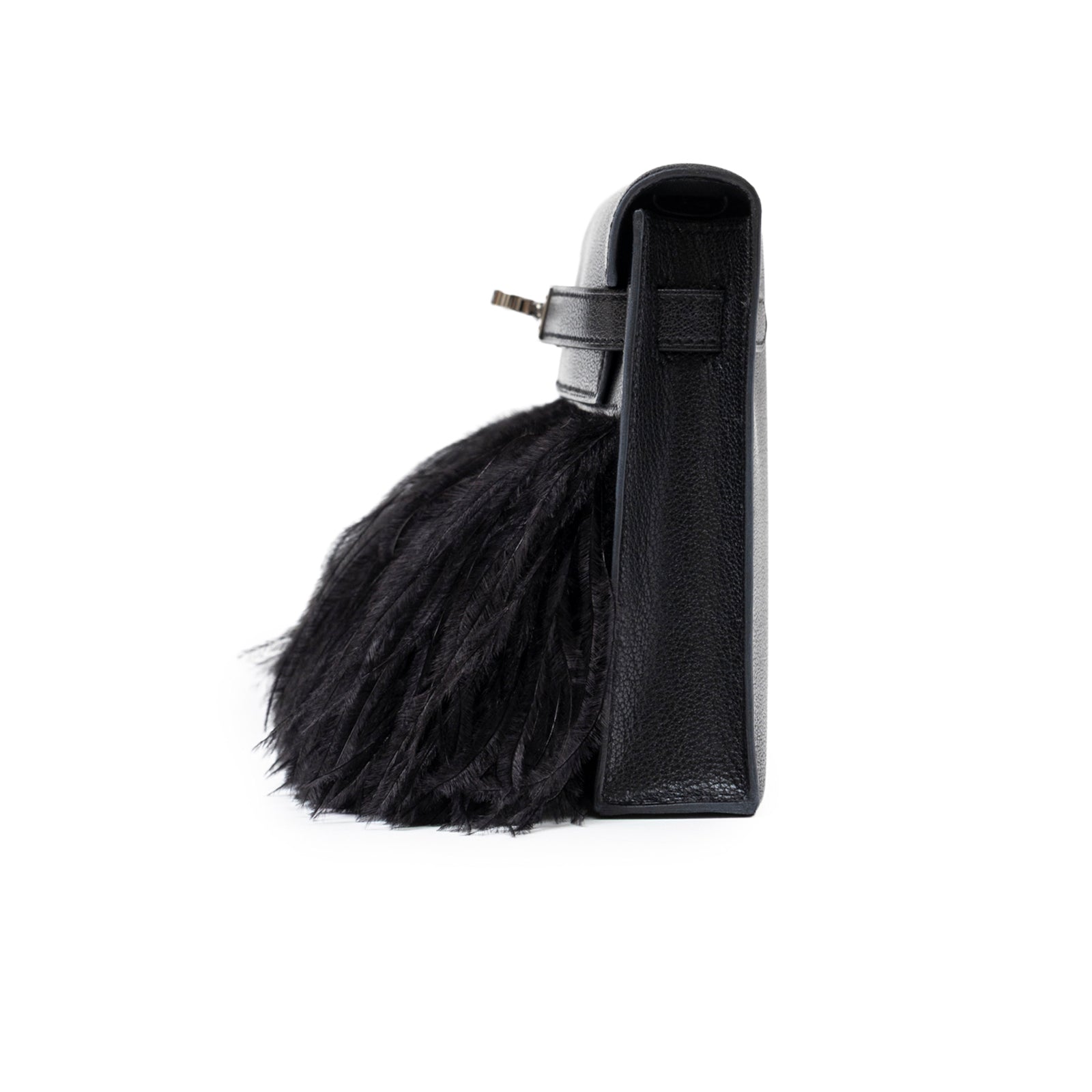 Hermès Kelly Elan Black Chevre Chamkila and Ostrich Feather Palladium Hardware