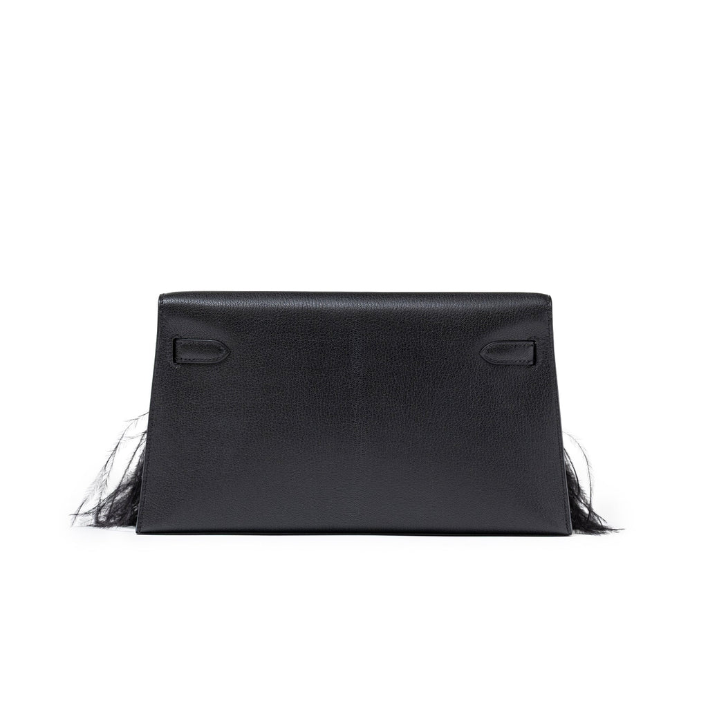 Hermès Kelly Elan Black Chevre Chamkila and Ostrich Feather Palladium Hardware