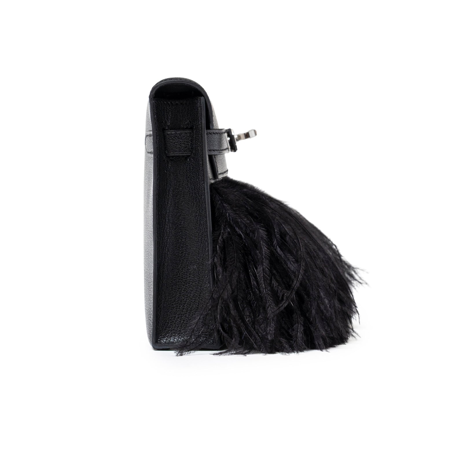 Hermès Kelly Elan Black Chevre Chamkila and Ostrich Feather Palladium Hardware