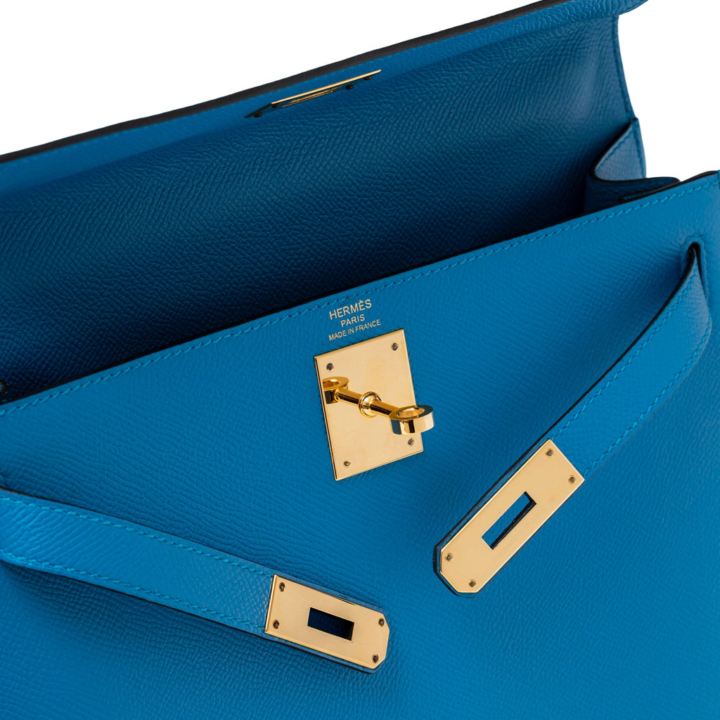 Hermès Kelly Sellier 28 Blue Zanzibar Epsom Gold Hardware