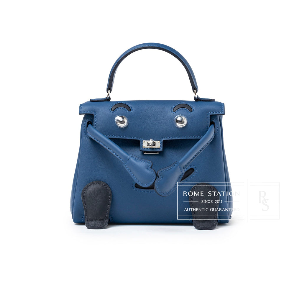 Hermès Quelle Idolle Kelly Doll Blue Tie and Caban Swift Palladium Hardware
