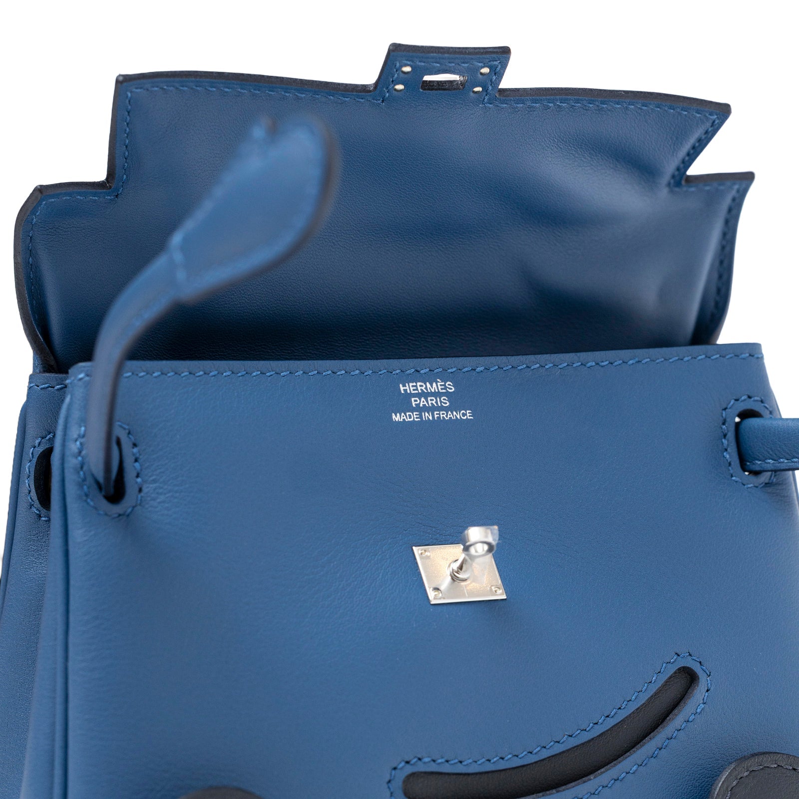 Hermès Quelle Idolle Kelly Doll Blue Tie and Caban Swift Palladium Hardware