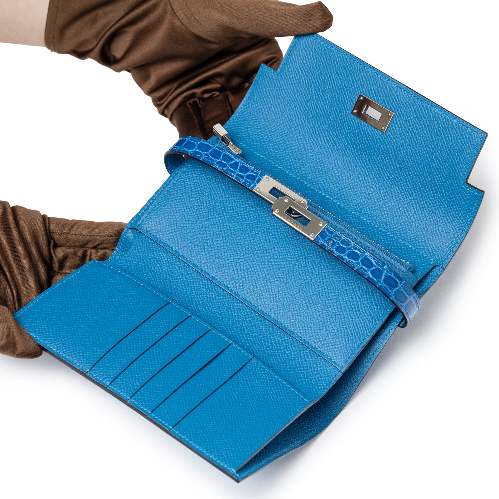 Hermès Kelly Depliant Medium Wallet Touch Mykonos/Blue Zellige Shiny Alligator/Epsom Palladium Hardware