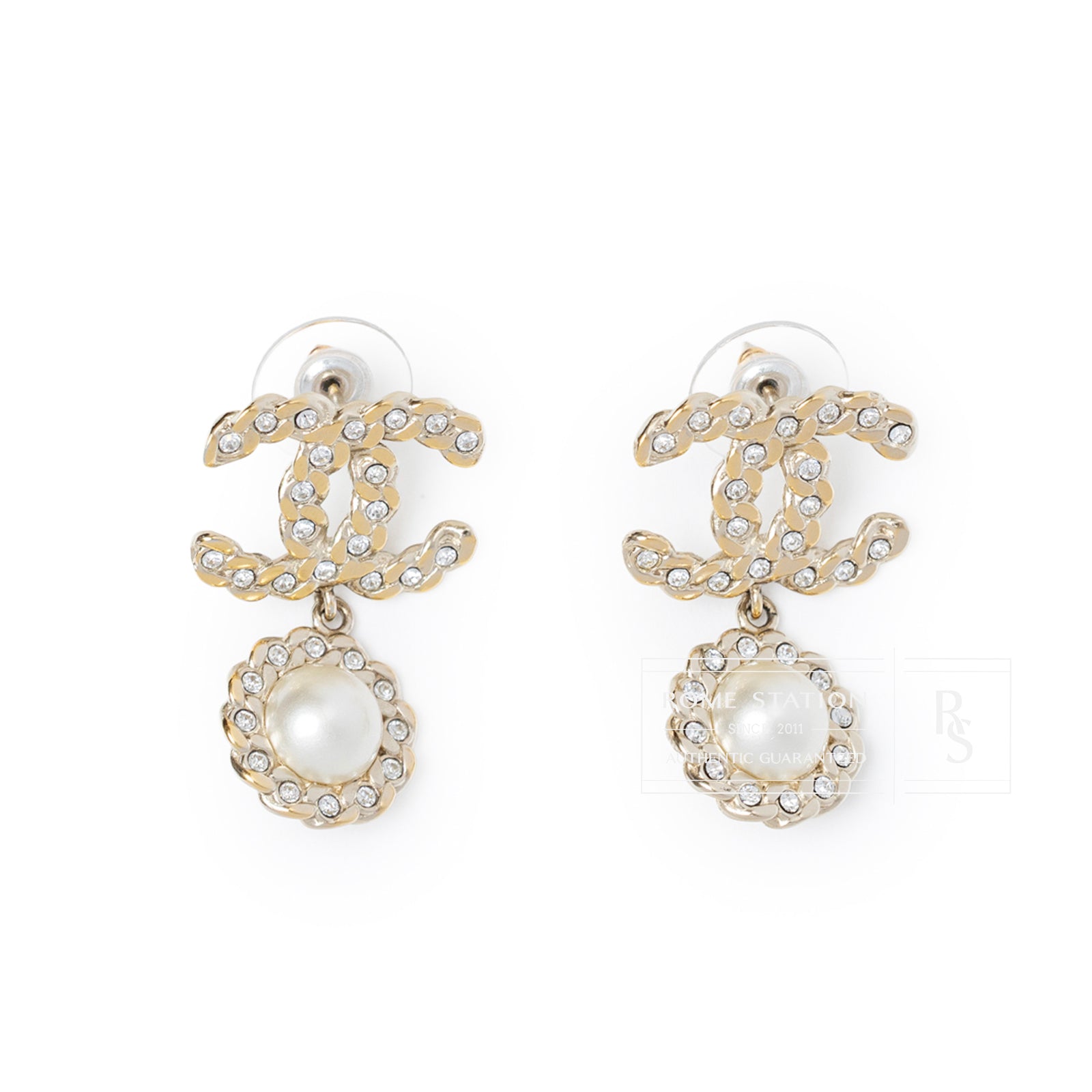 Chanel Crystal Pearl/Light Gold CC Drop Earring
