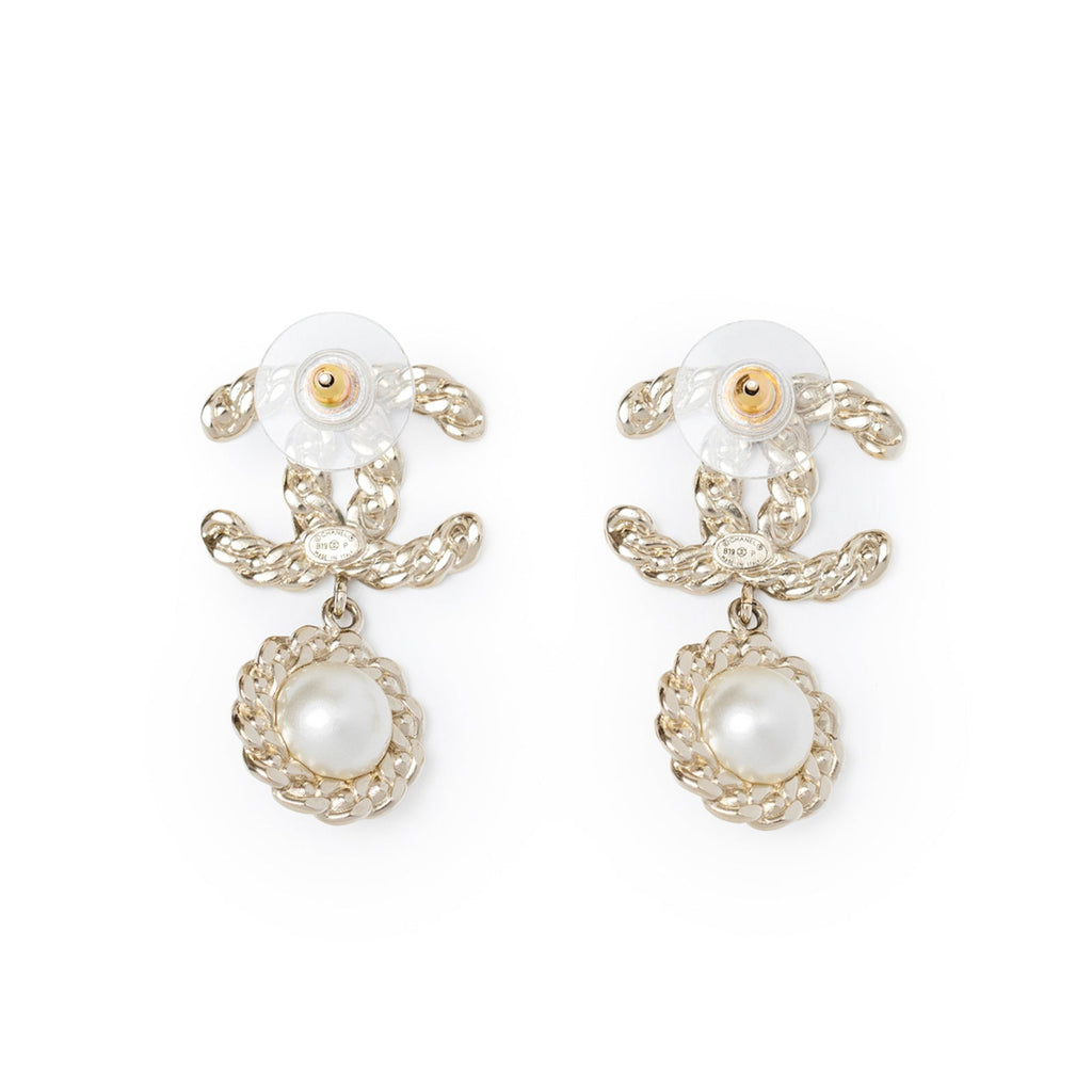 Chanel Crystal Pearl/Light Gold CC Drop Earring