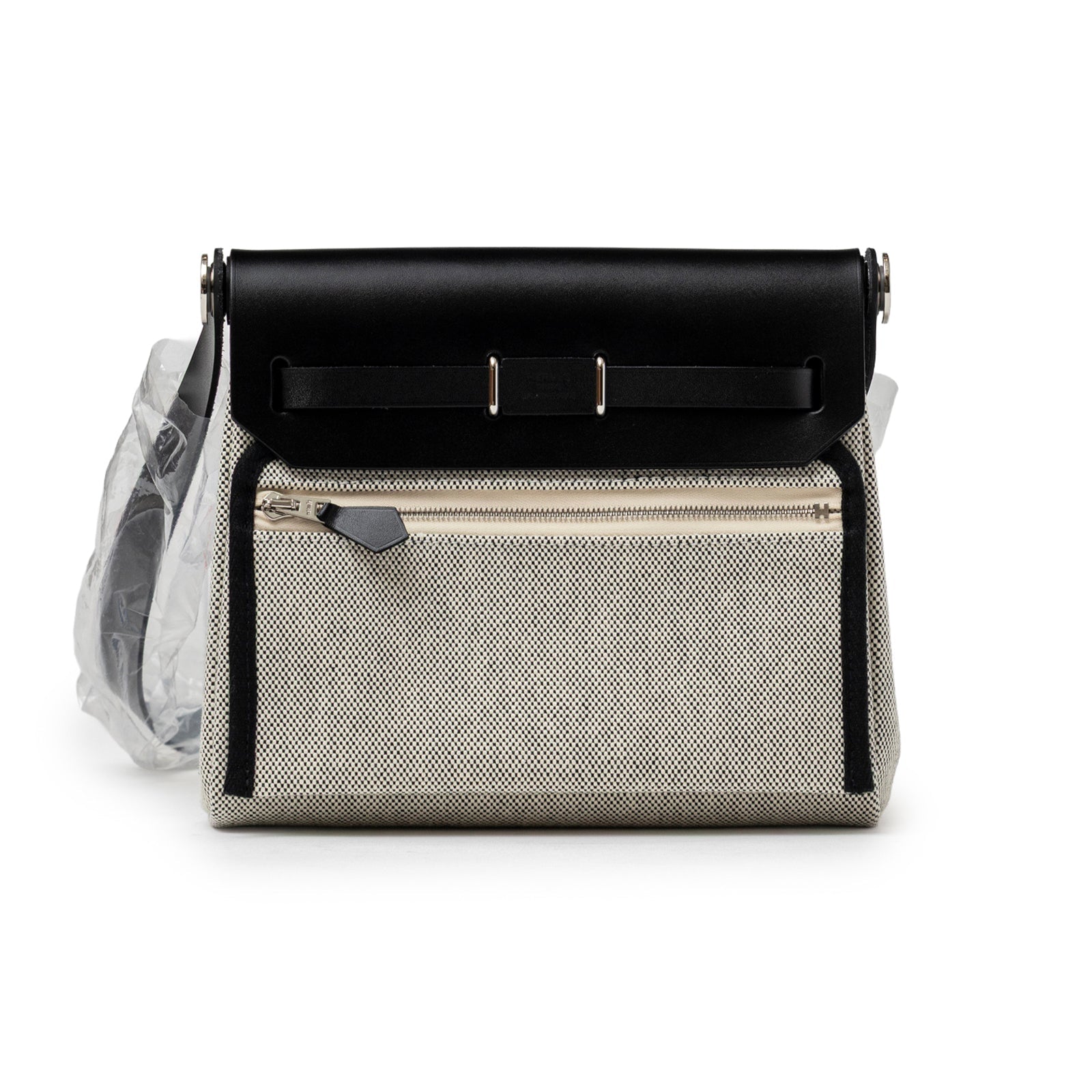 Hermès Mini Herbag Zip 20 Ecru/Black Toile and Vache Hunter Palladium Hardware