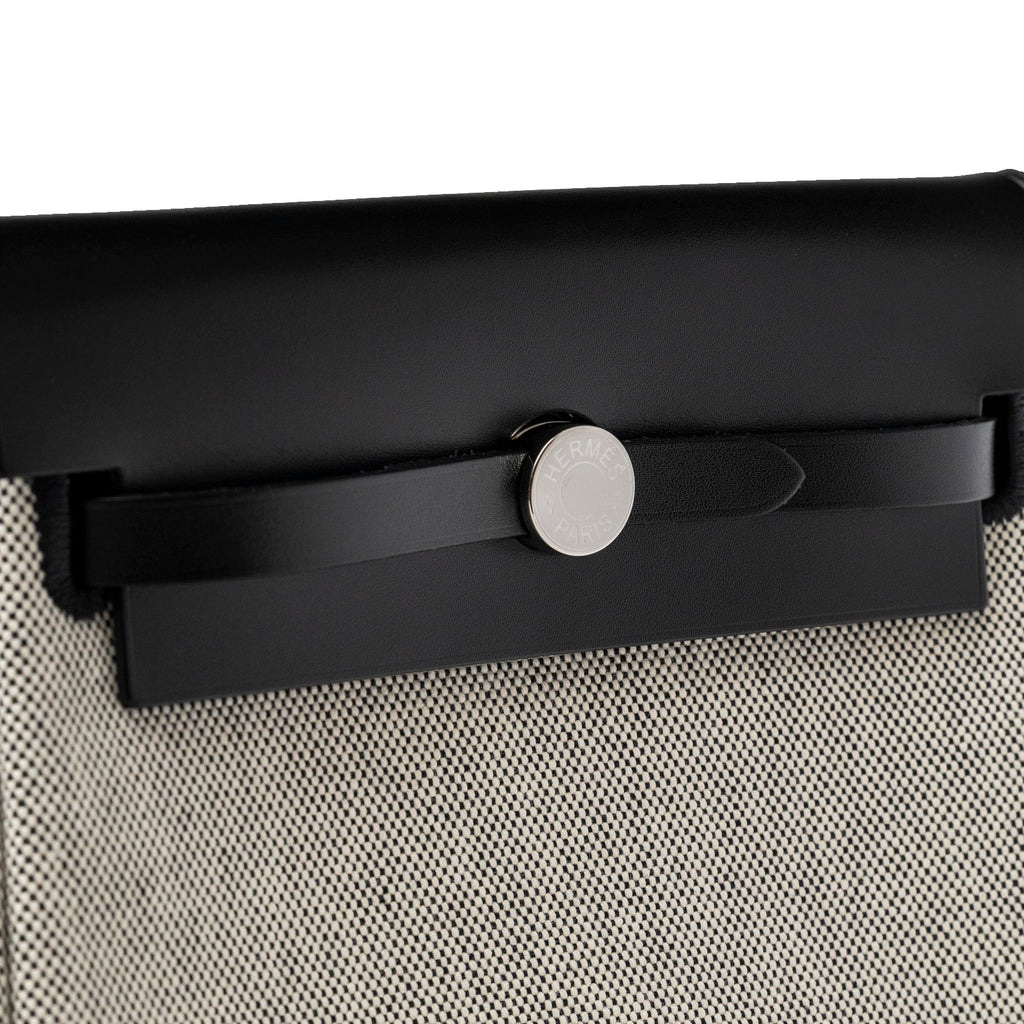 Hermès Mini Herbag Zip 20 Ecru/Black Toile and Vache Hunter Palladium Hardware
