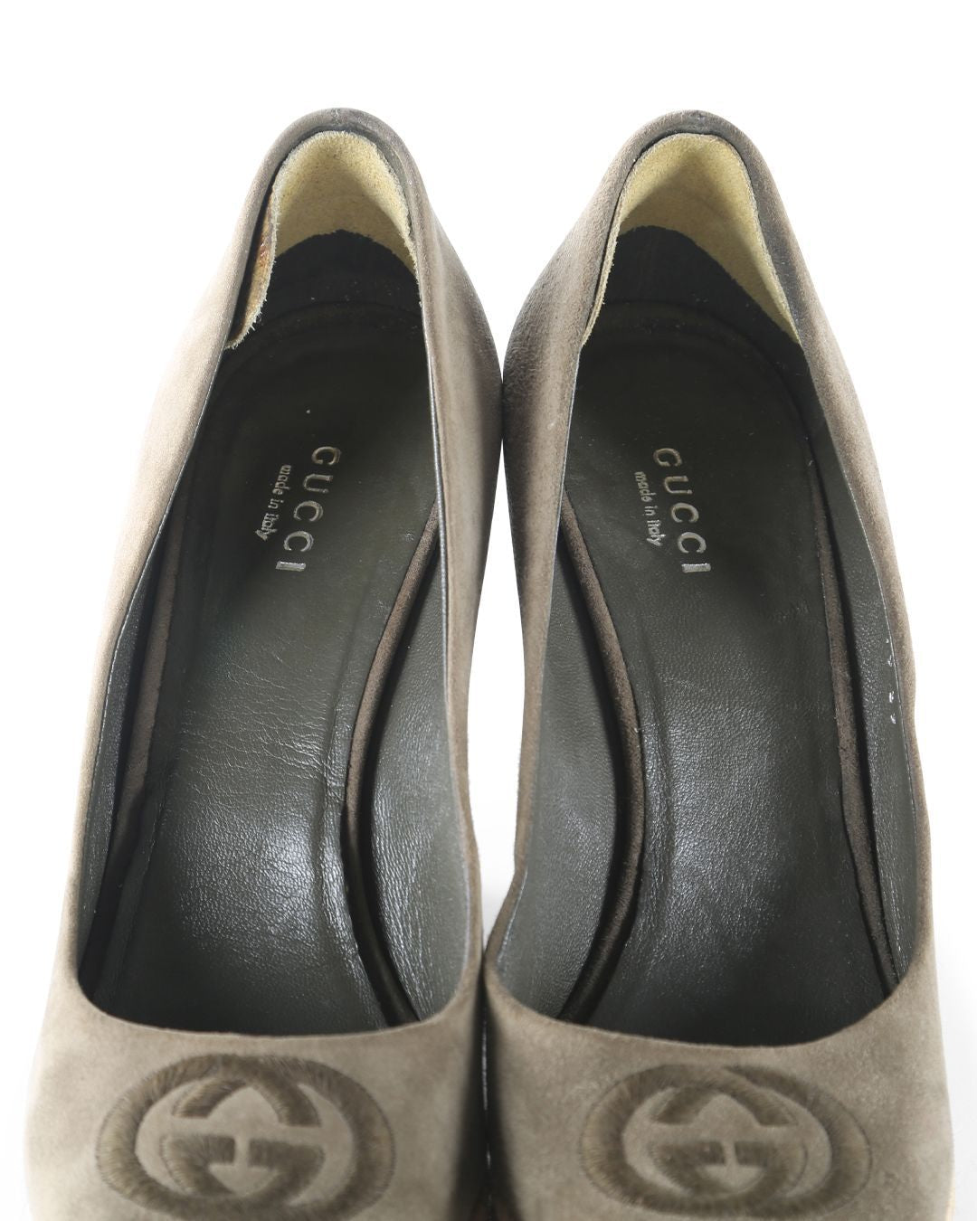 Women's Gucci Olive Suede Peep Toe Wedge Pumps