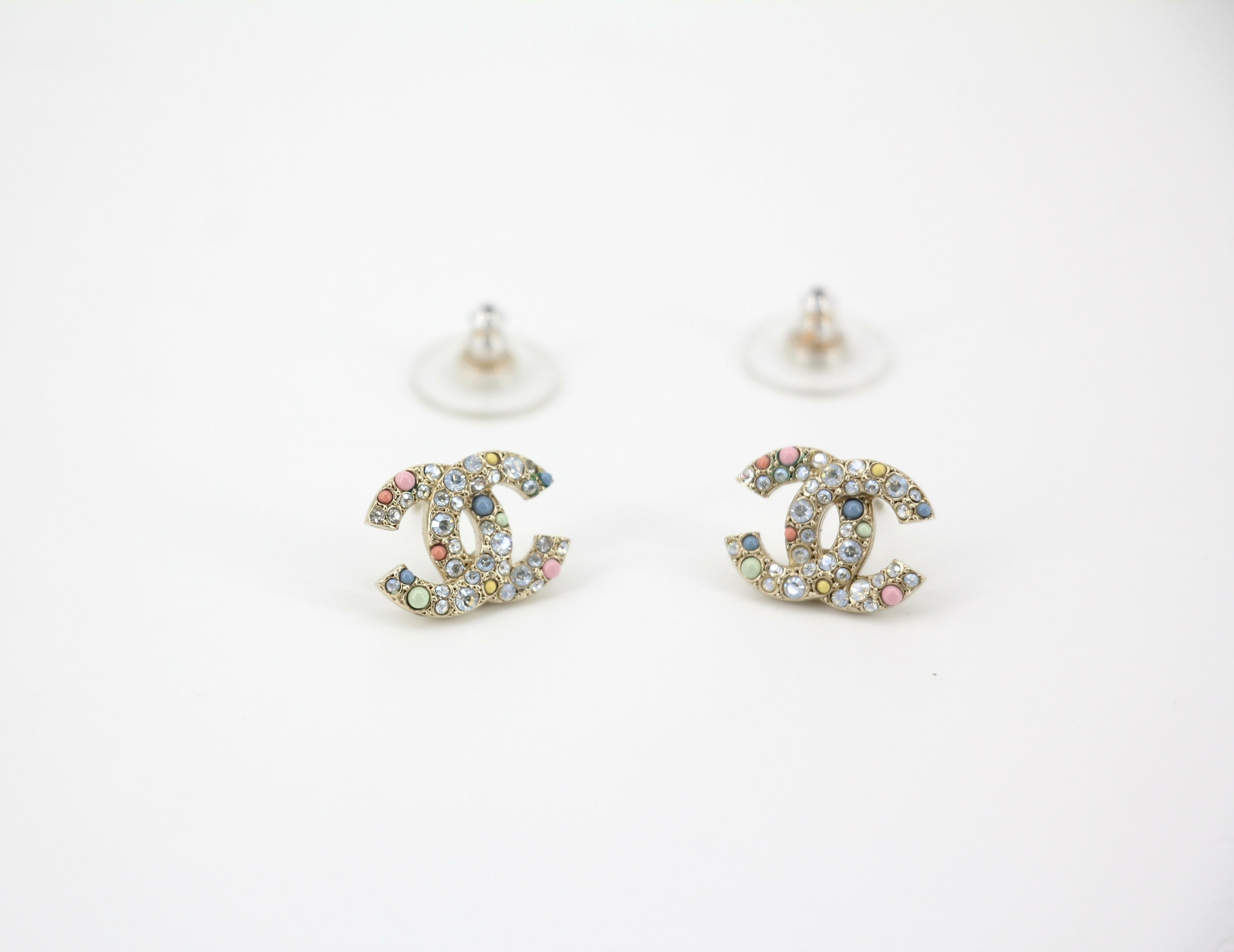 Chanel C21C Rhinestone Metal Multi-color Pebble Stud Earrings