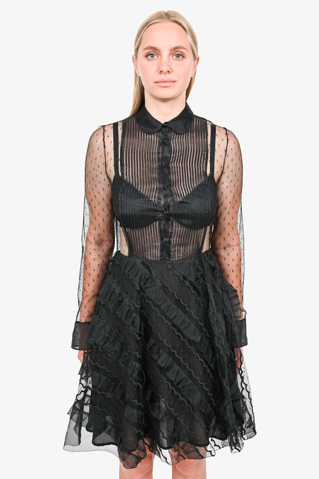 Red Valentino Black Lace Collared L/S Button Down Mini Dress
