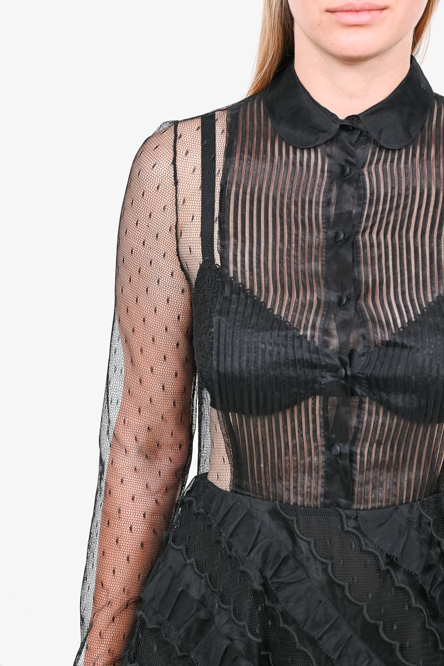 Red Valentino Black Lace Collared L/S Button Down Mini Dress