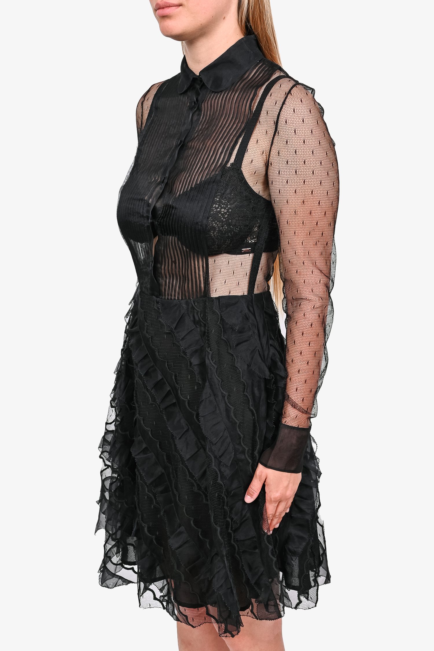 Red Valentino Black Lace Collared L/S Button Down Mini Dress
