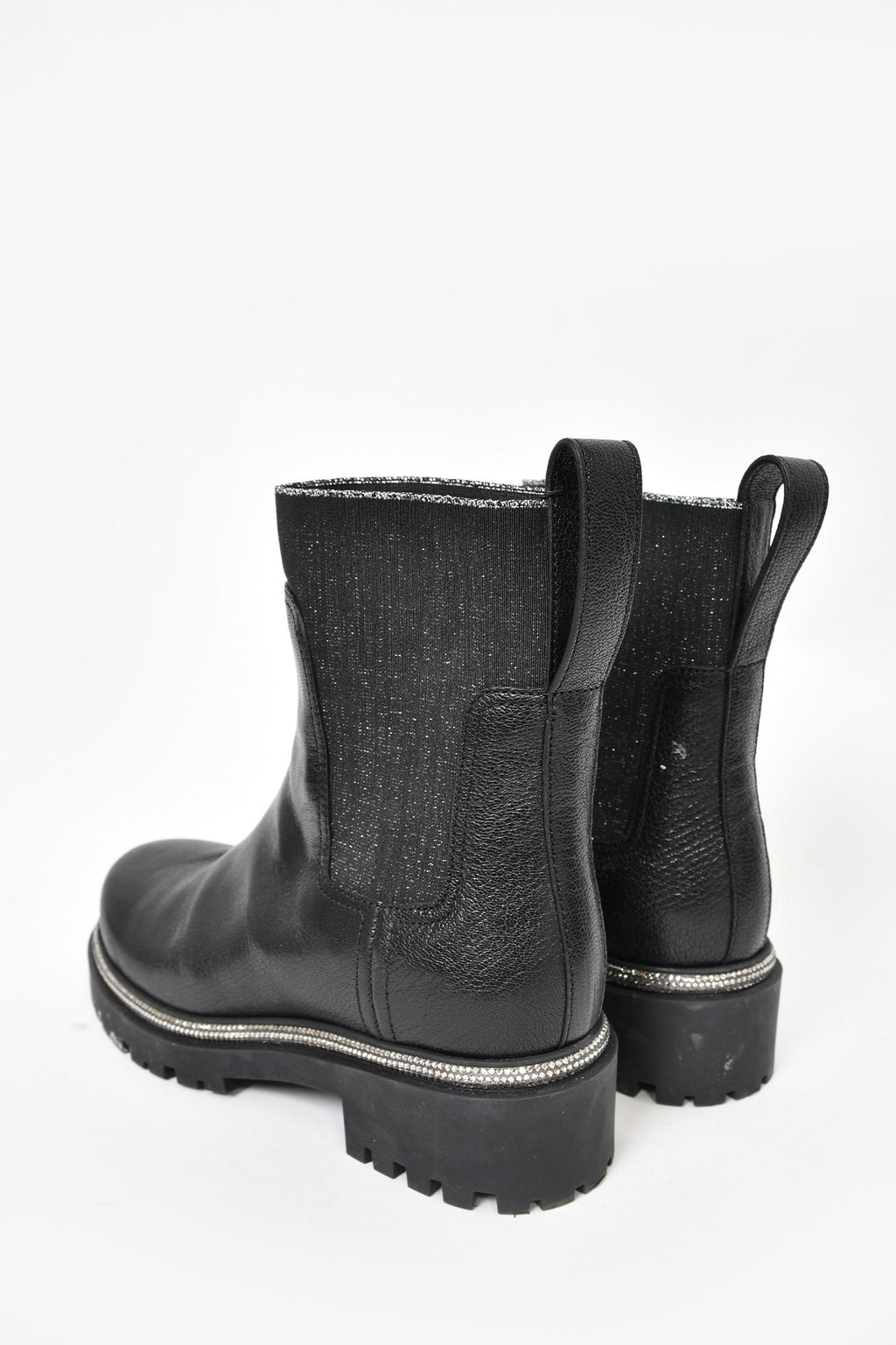 Rene Caovilla Black Leather Chelsea Boots with Crystal Trim Size 37