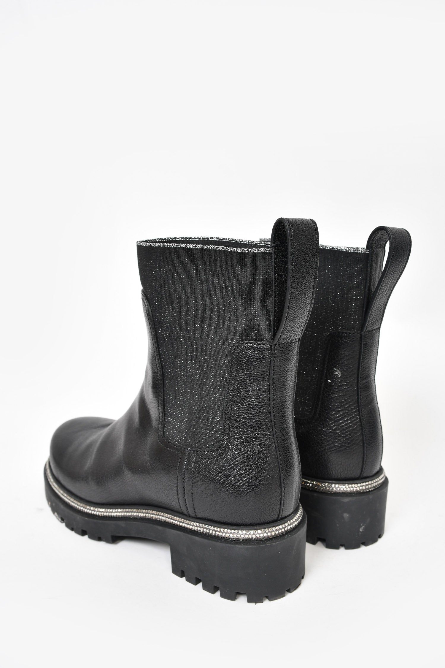 Rene Caovilla Black Leather Chelsea Boots with Crystal Trim Size 37