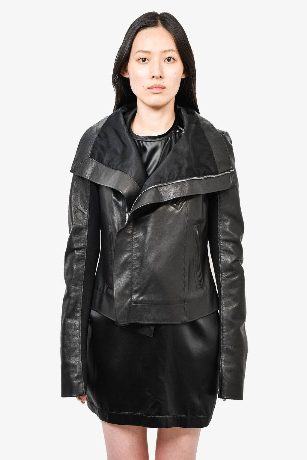 Rick Owens Black Leather Asymmetrical Jacket Size 12