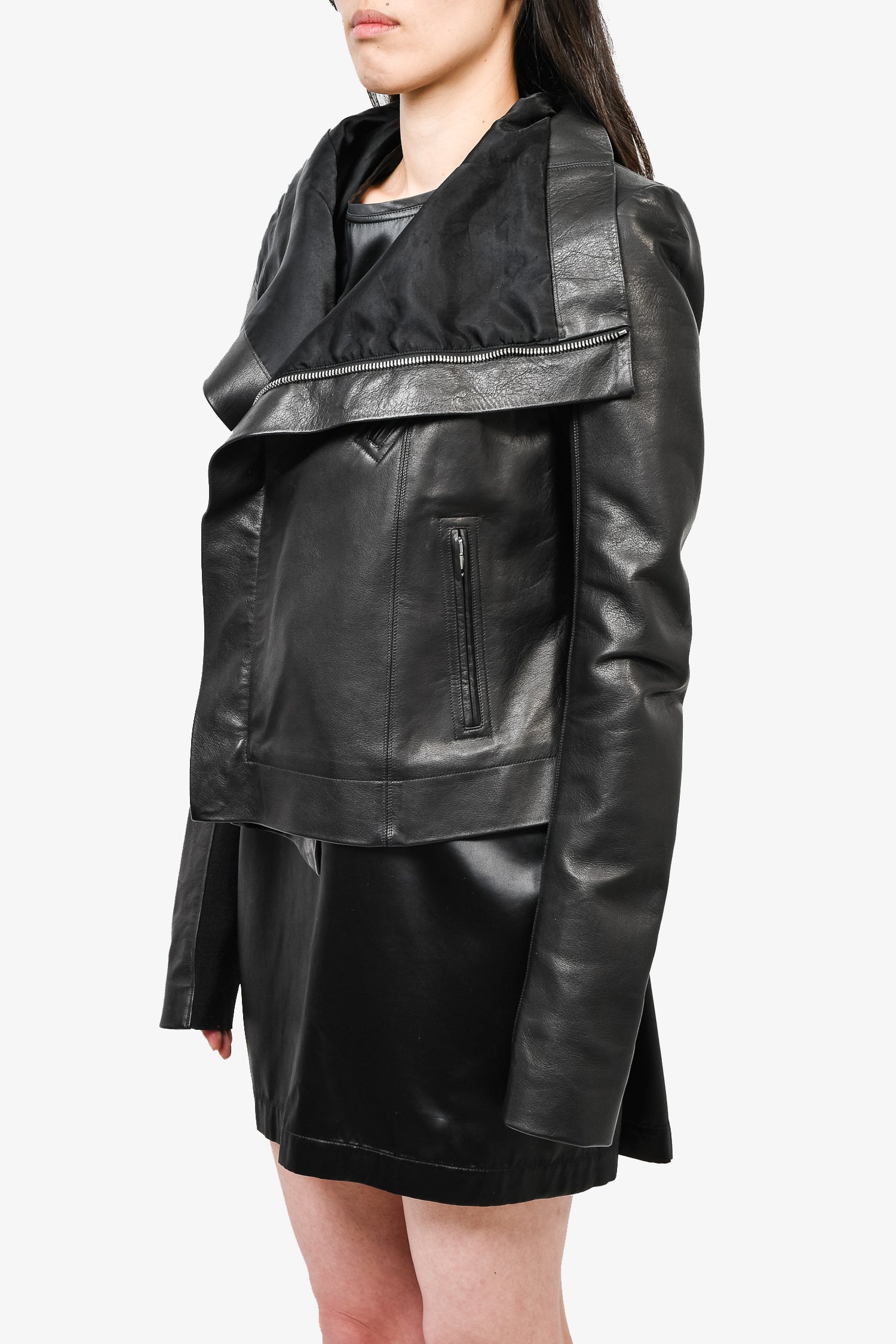 Rick Owens Black Leather Asymmetrical Jacket Size 12