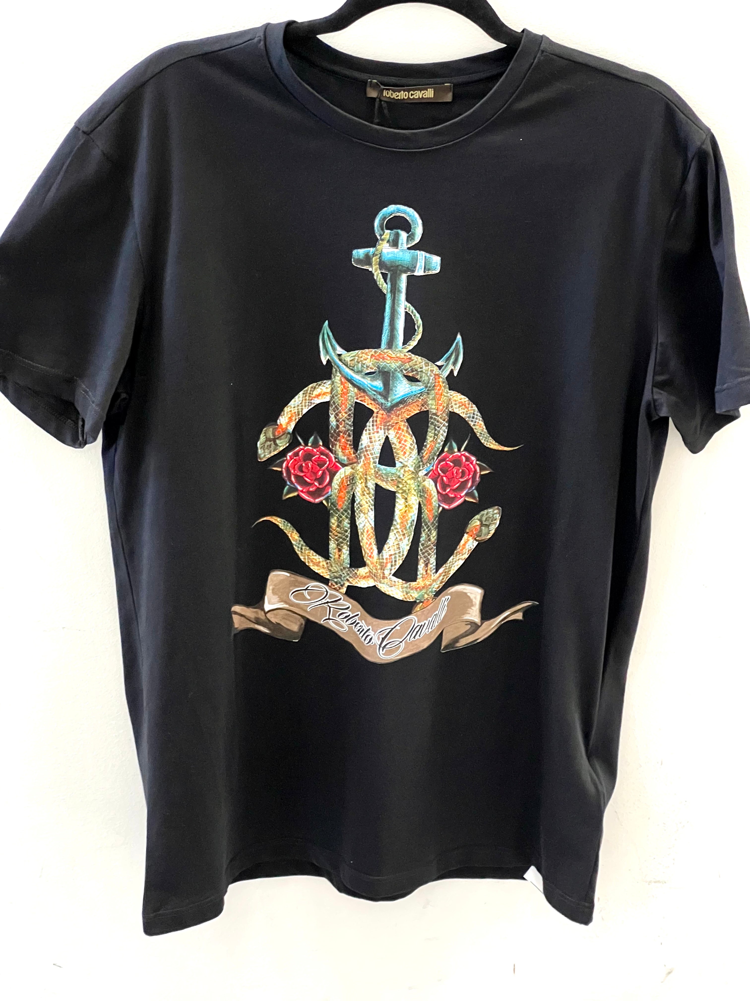 ROBERTO CAVALLI PIMA COTTON RC ANCHOR ROSE T-SHIRT