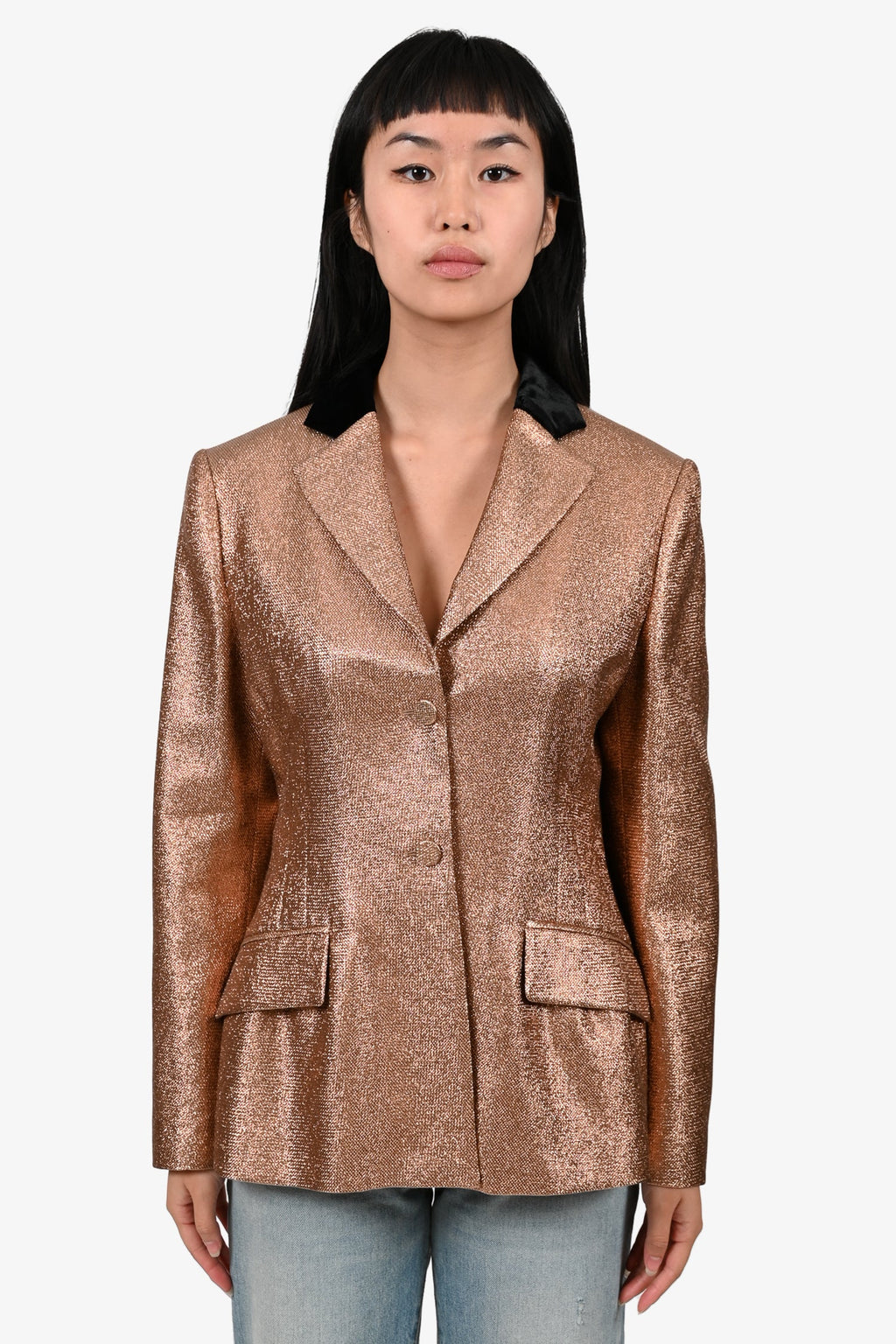 Roberto Cavalli Metallic Copper Blazer with Black Velvet Collar Size 44
