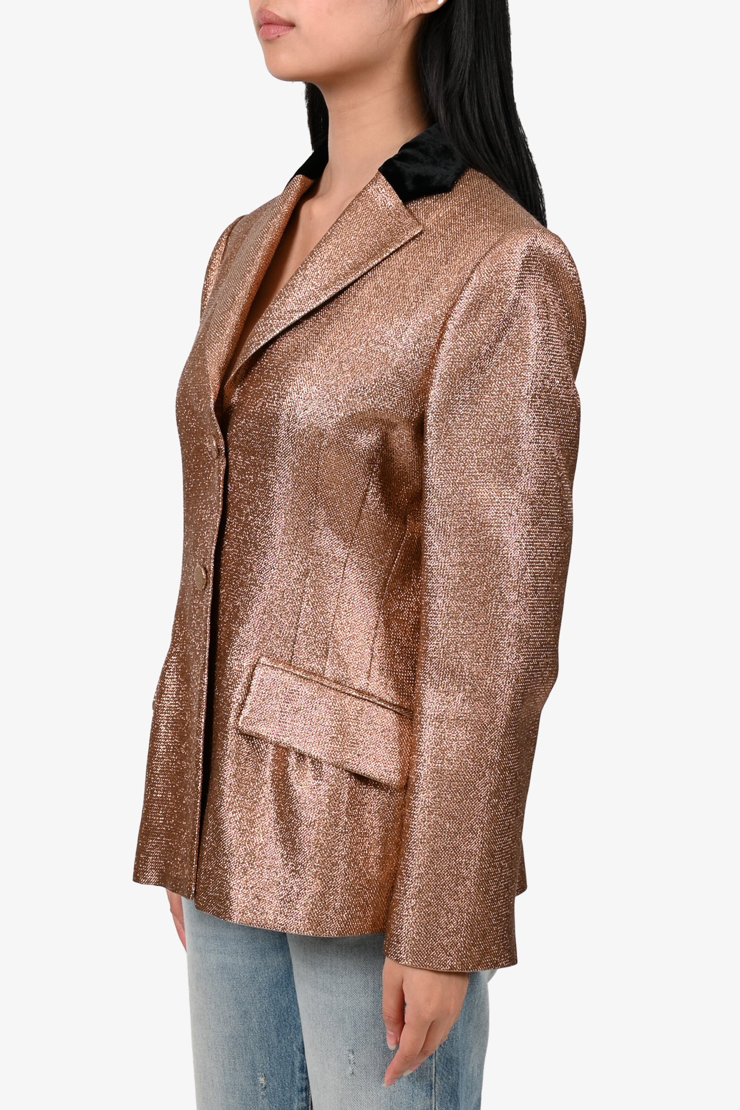 Roberto Cavalli Metallic Copper Blazer with Black Velvet Collar Size 44