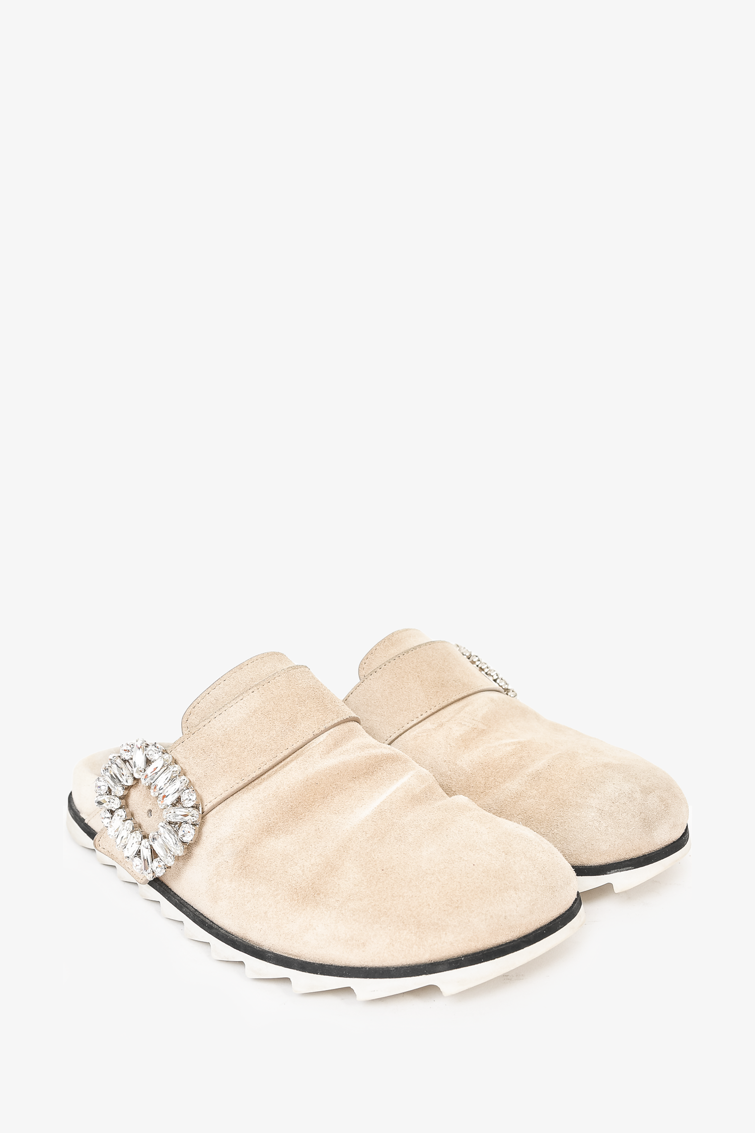 Roger Vivier Beige Suede Crystal Buckle Flat Clogs Size 35