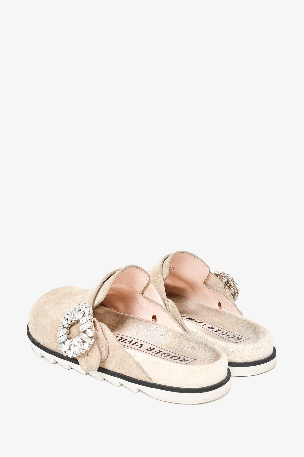 Roger Vivier Beige Suede Crystal Buckle Flat Clogs Size 35