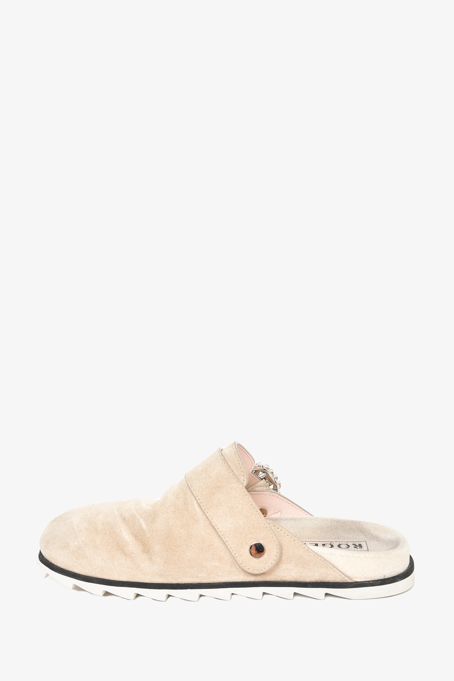 Roger Vivier Beige Suede Crystal Buckle Flat Clogs Size 35