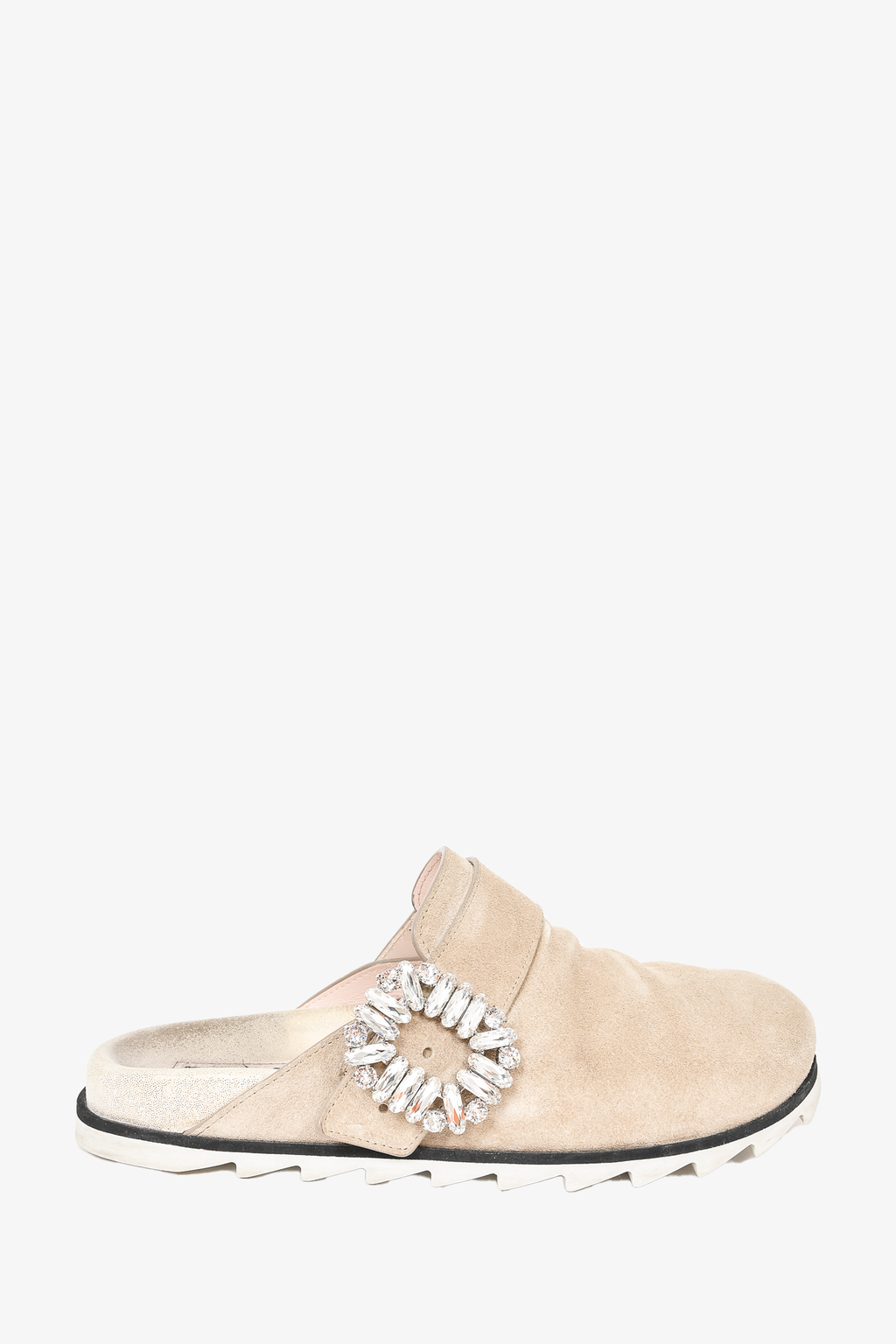 Roger Vivier Beige Suede Crystal Buckle Flat Clogs Size 35