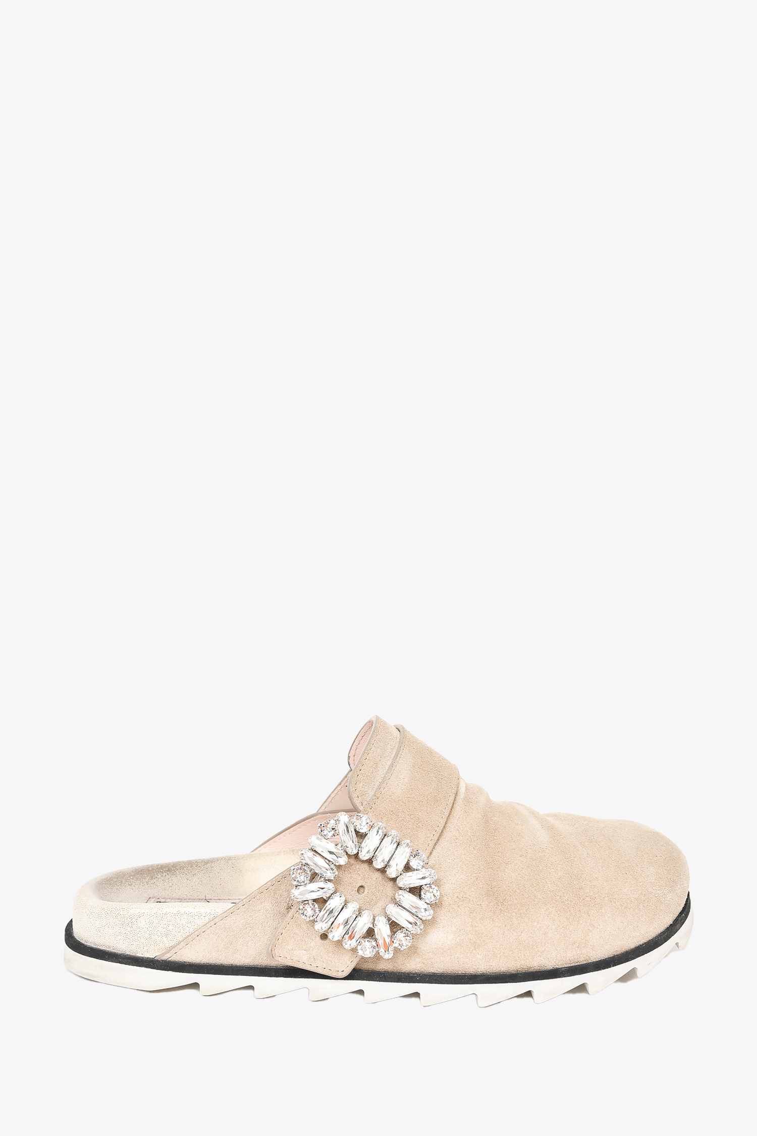 Roger Vivier Beige Suede Crystal Buckle Flat Clogs Size 35