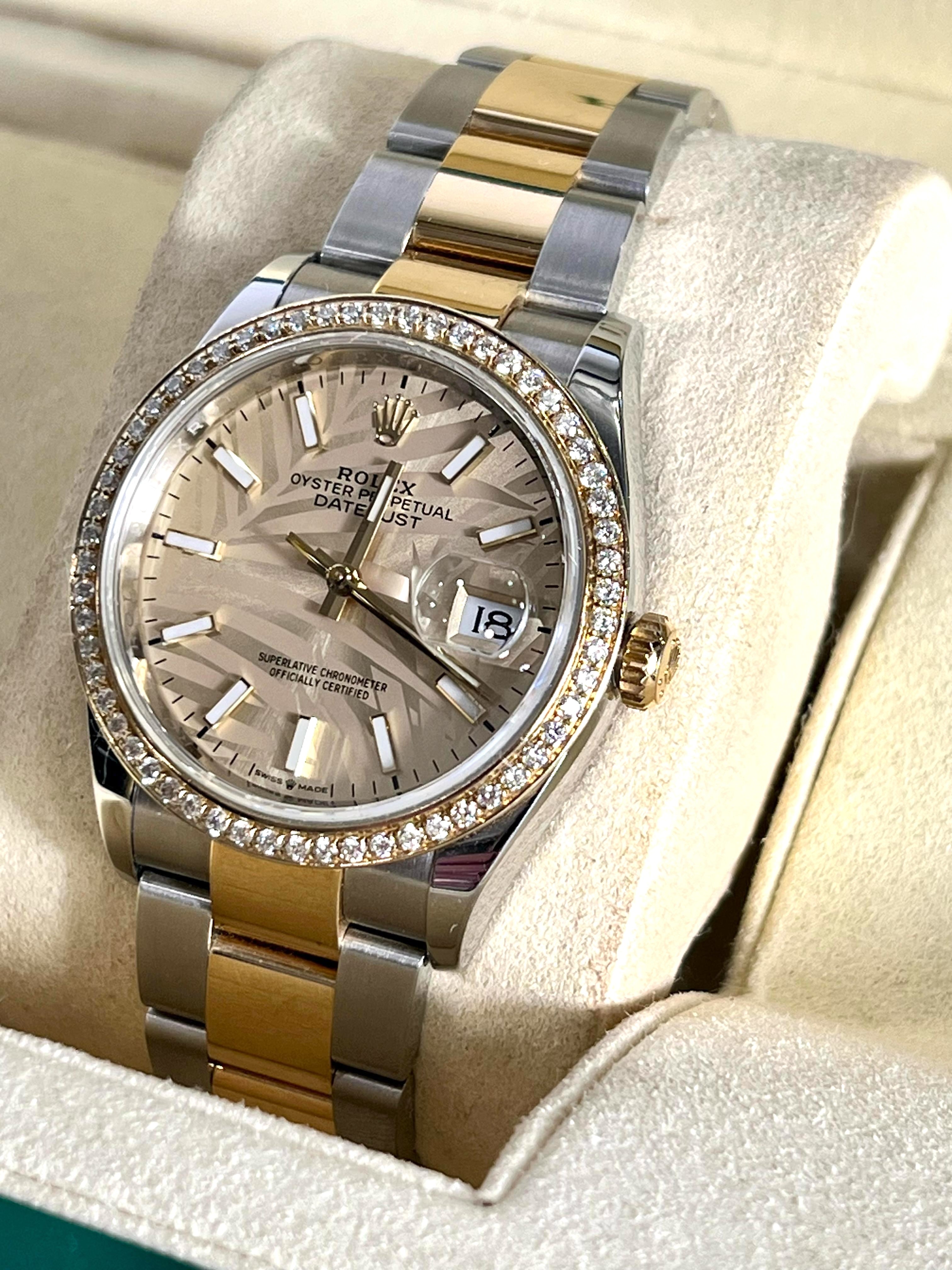 ROLEX DATEJUST 36MM GOLDEN PALM DIAL DIAMOND BEZEL TWO-TONE JUBILEE WATCH