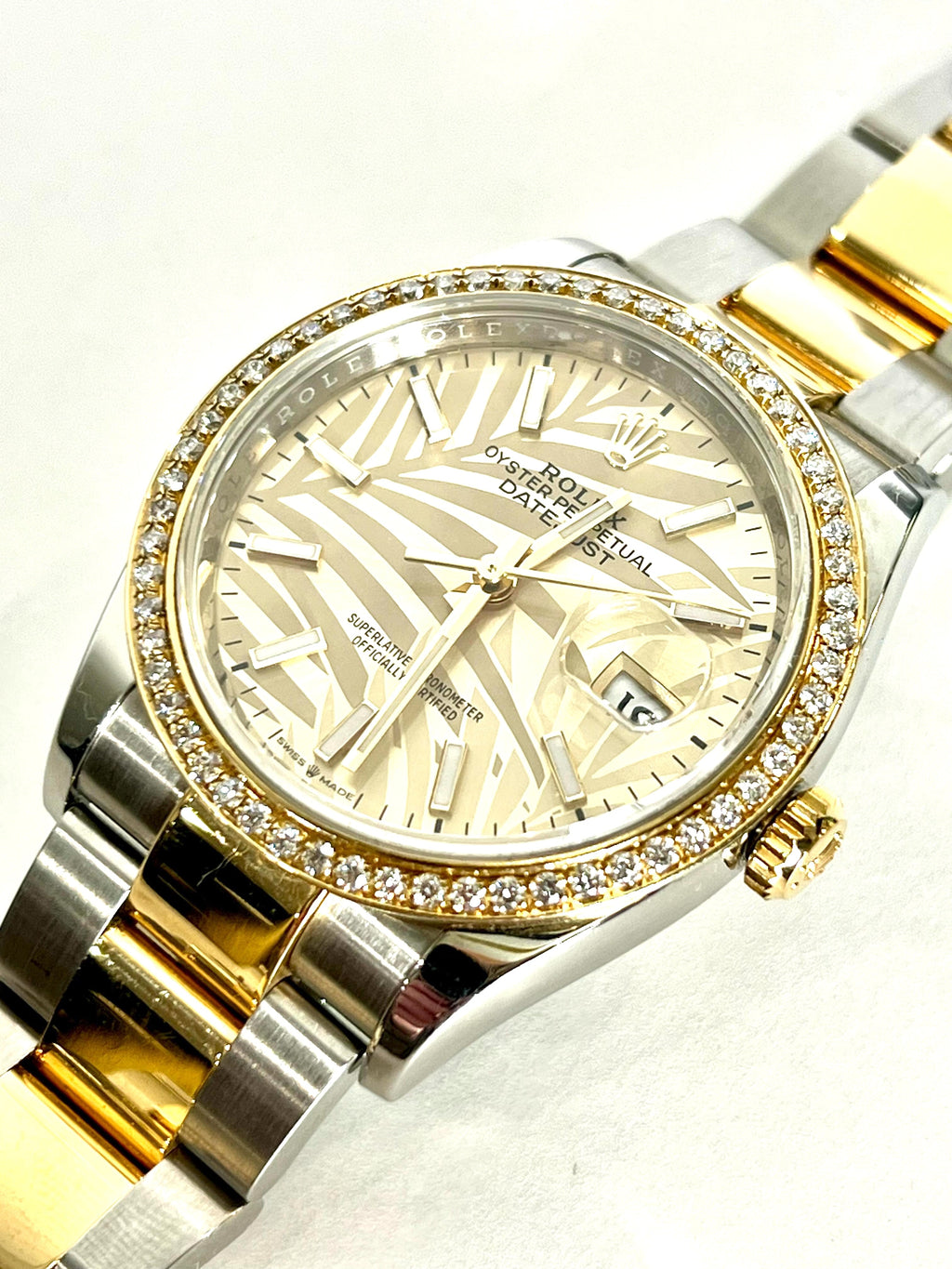 ROLEX DATEJUST 36MM GOLDEN PALM DIAL DIAMOND BEZEL TWO-TONE JUBILEE WATCH