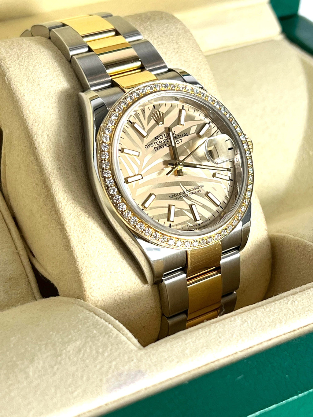 ROLEX DATEJUST 36MM GOLDEN PALM DIAL DIAMOND BEZEL TWO-TONE JUBILEE WATCH