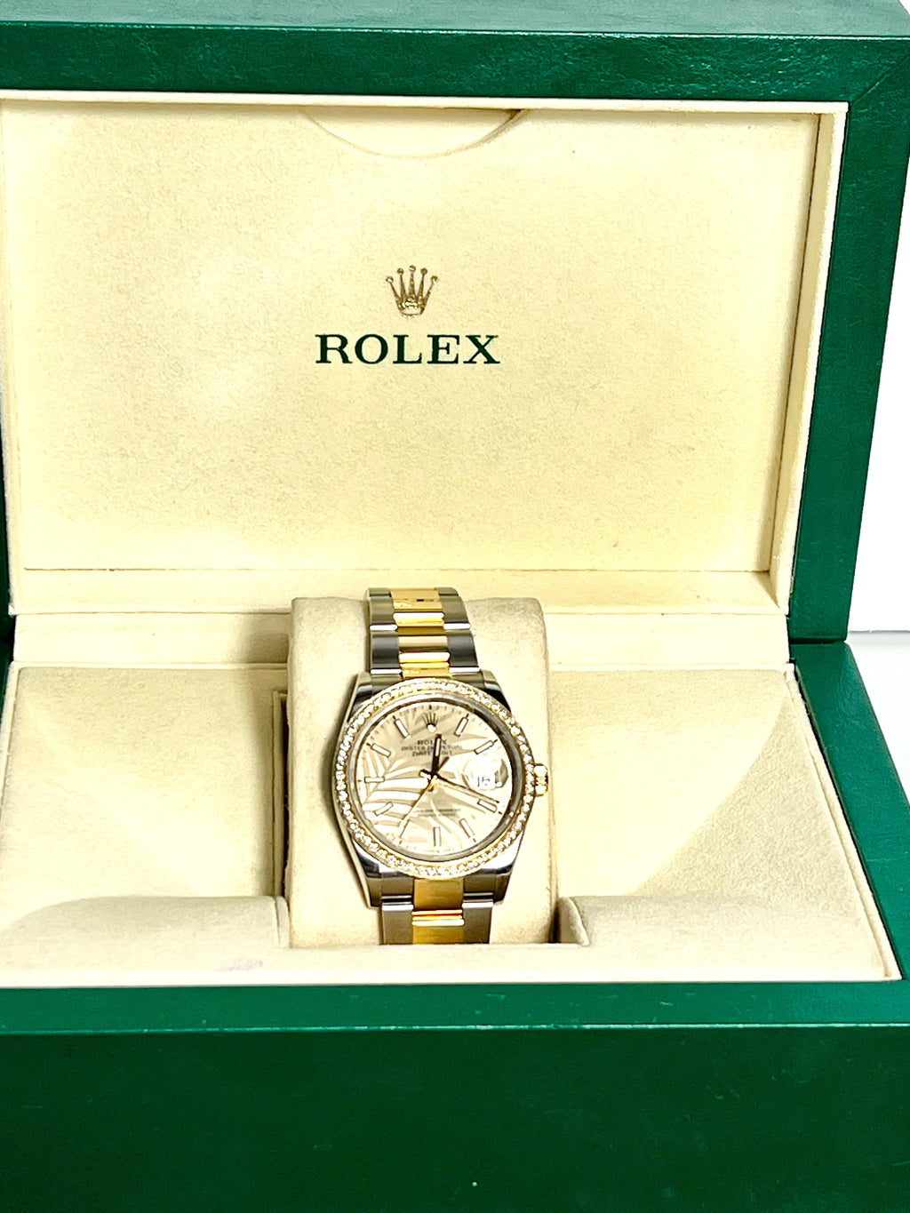 ROLEX DATEJUST 36MM GOLDEN PALM DIAL DIAMOND BEZEL TWO-TONE JUBILEE WATCH