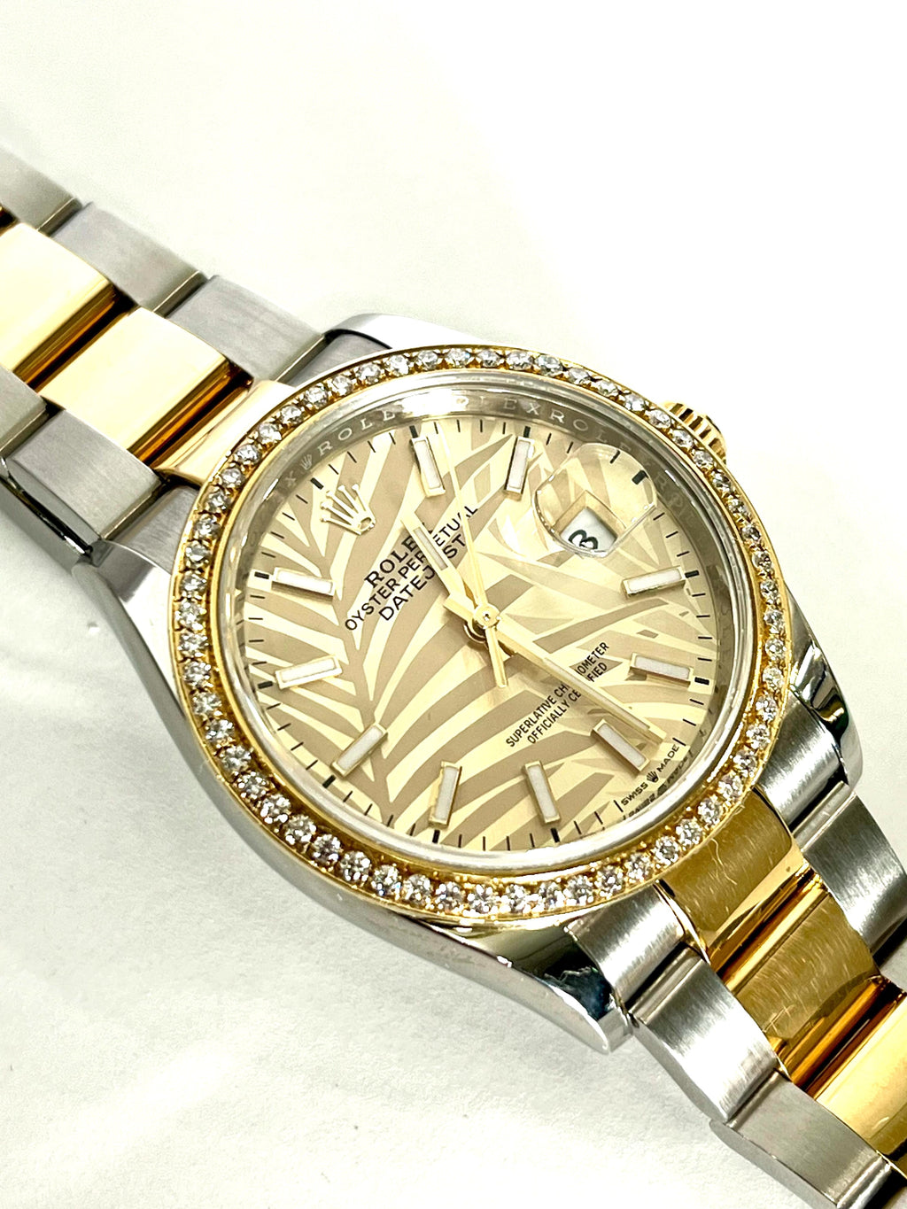 ROLEX DATEJUST 36MM GOLDEN PALM DIAL DIAMOND BEZEL TWO-TONE JUBILEE WATCH