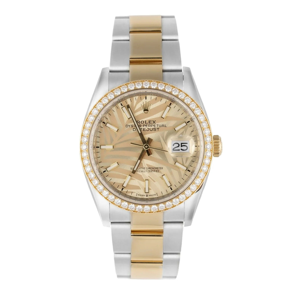 ROLEX DATEJUST 36MM GOLDEN PALM DIAL DIAMOND BEZEL TWO-TONE JUBILEE WATCH