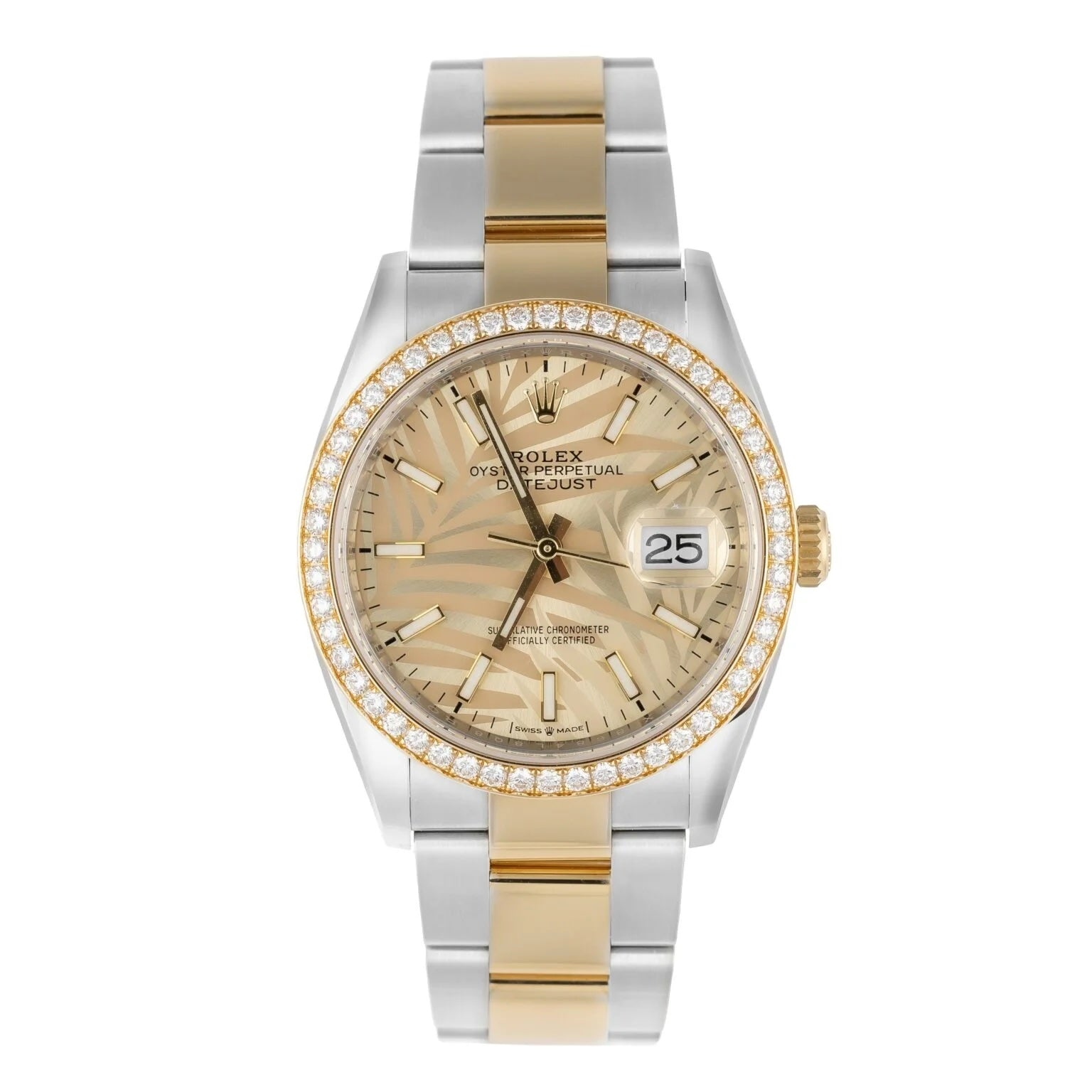 ROLEX DATEJUST 36MM GOLDEN PALM DIAL DIAMOND BEZEL TWO-TONE JUBILEE WATCH