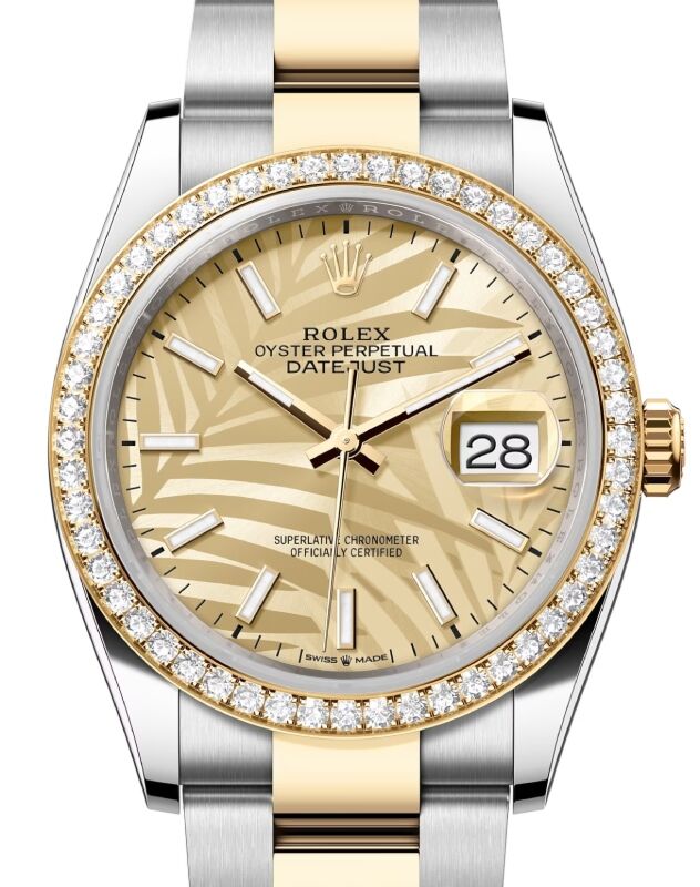 ROLEX DATEJUST 36MM GOLDEN PALM DIAL DIAMOND BEZEL TWO-TONE JUBILEE WATCH