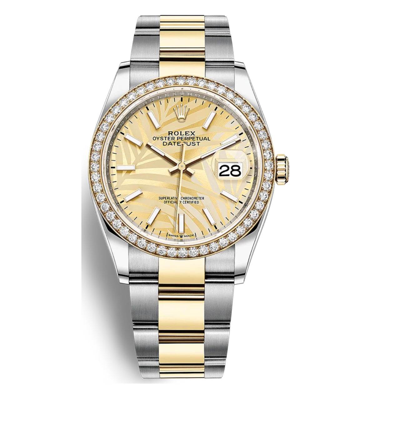 ROLEX DATEJUST 36MM GOLDEN PALM DIAL DIAMOND BEZEL TWO-TONE JUBILEE WATCH