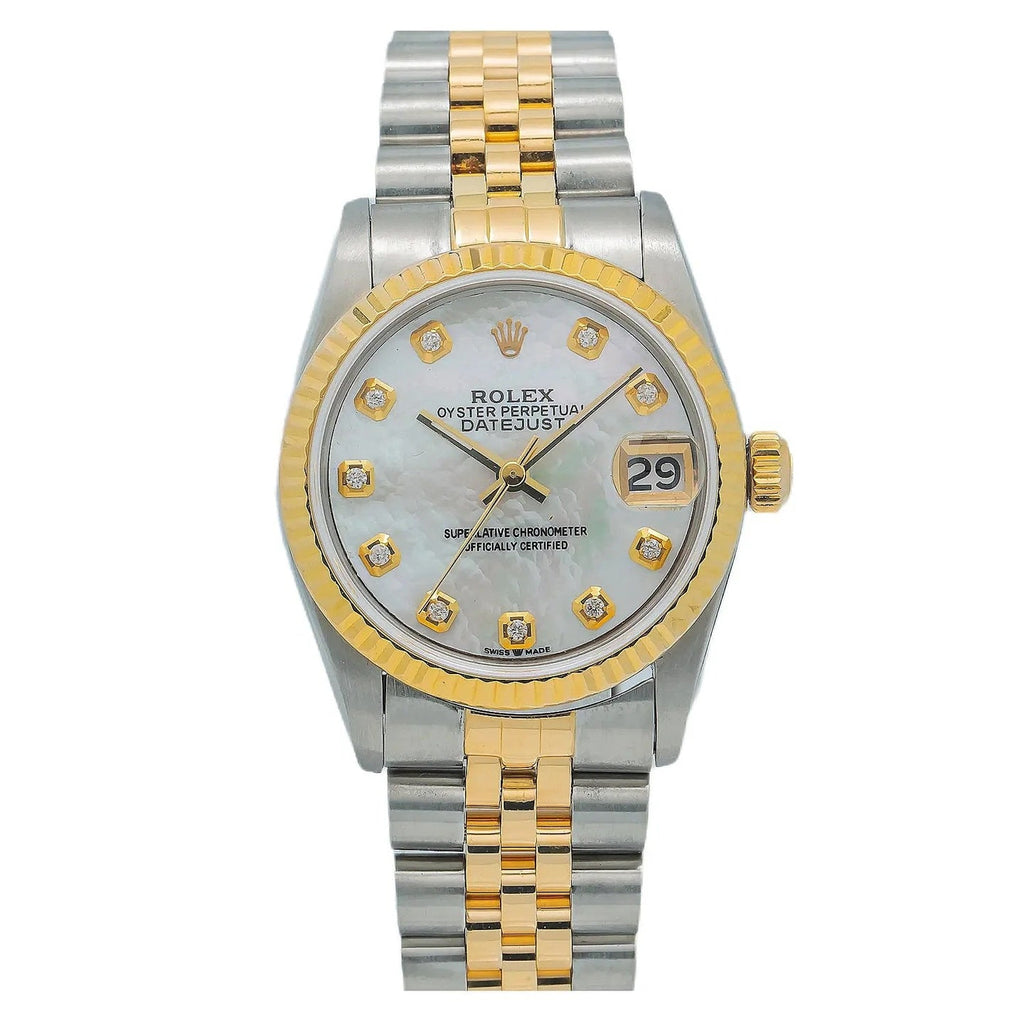 ROLEX DATEJUST 18K YELLOW GOLD TWO-TONE MOP DIAL JUBILEE BAND WATCH