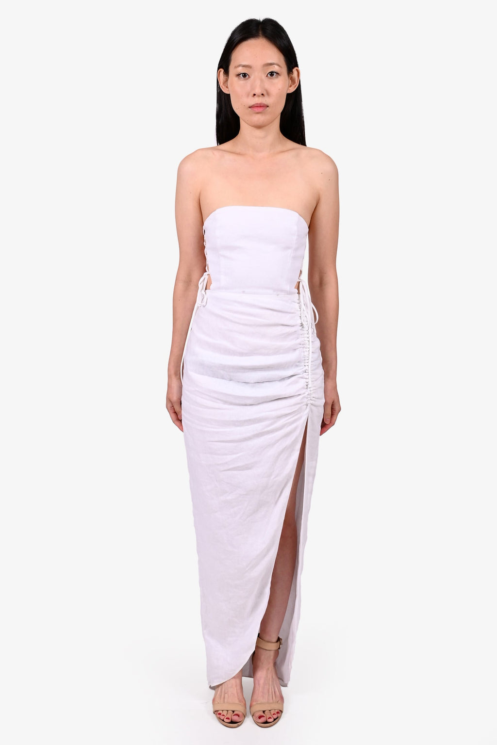 Rumer White Linen Strappy High Slit Dress Size XS