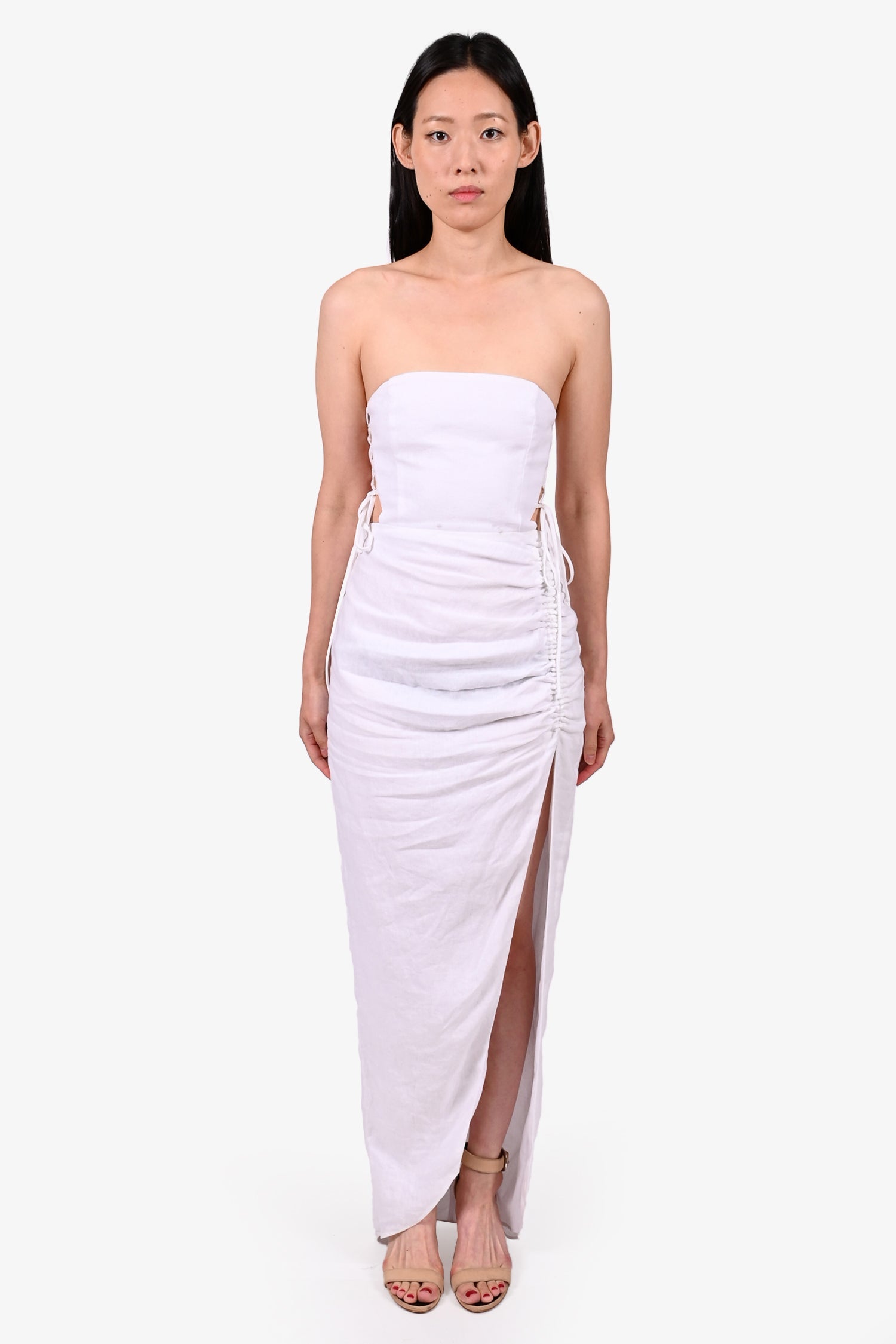 Rumer White Linen Strappy High Slit Dress Size XS