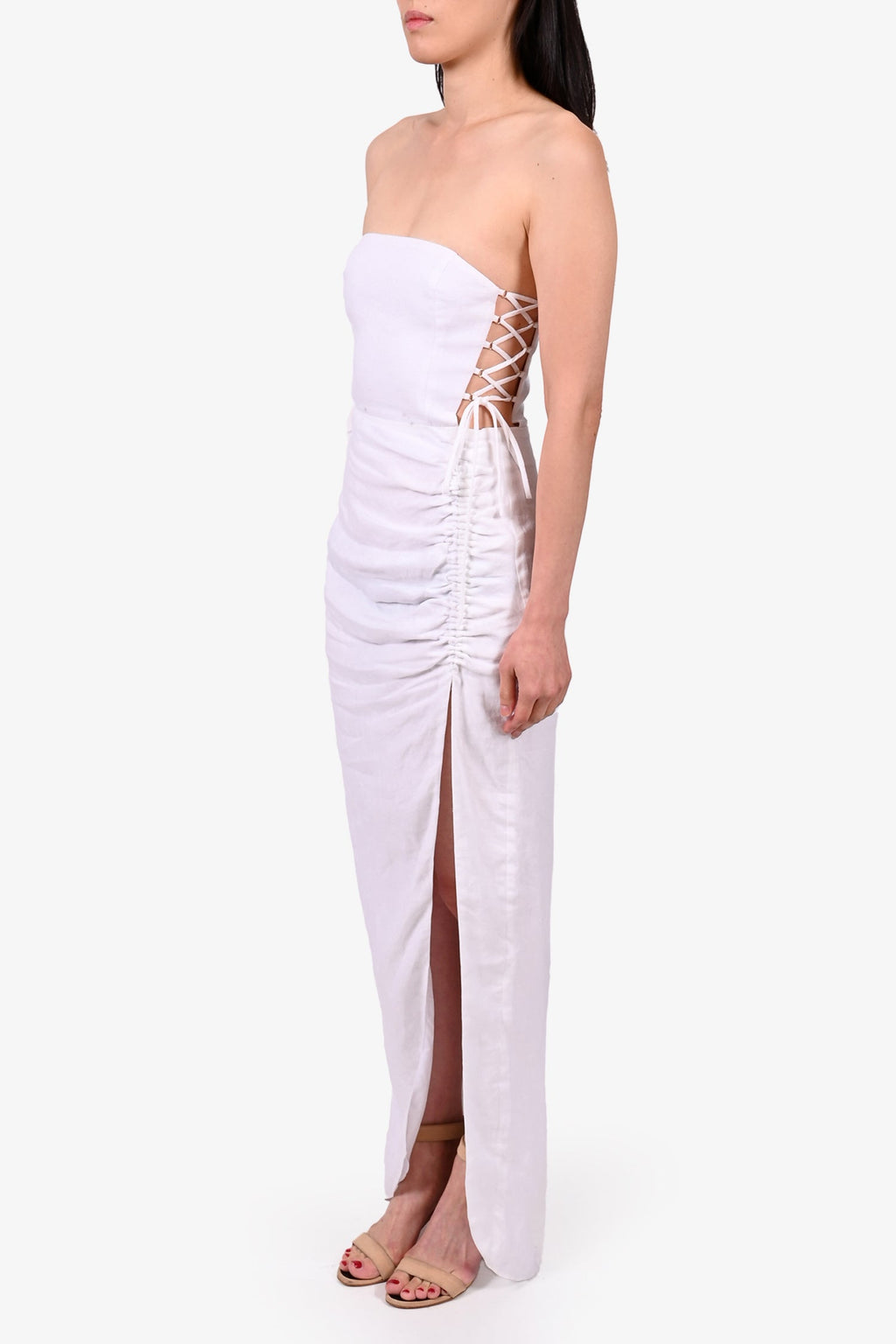 Rumer White Linen Strappy High Slit Dress Size XS