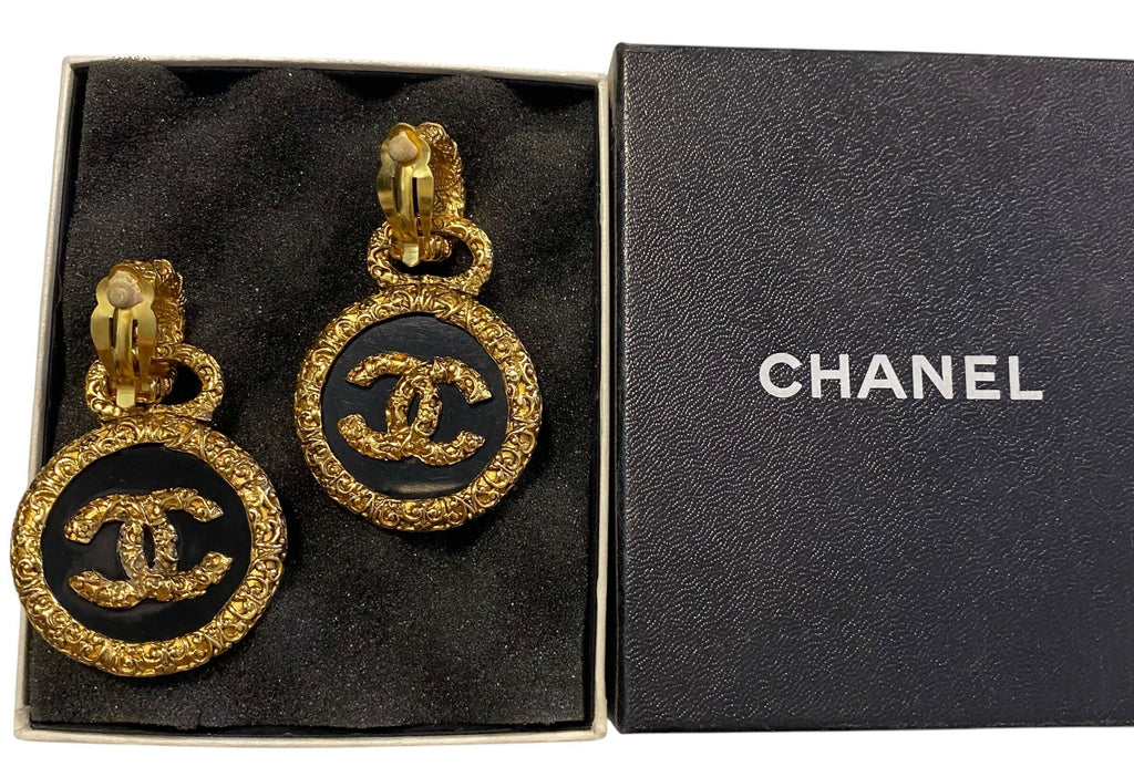 Chanel 93A Large Gold Metal Black Onyx Button Medallion Florentine Drop Dangle Clip-On Earrings