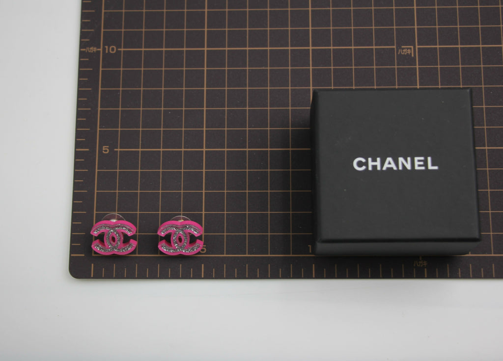 Chanel 2018 Resin Silver Glitter Pink Stud Earrings