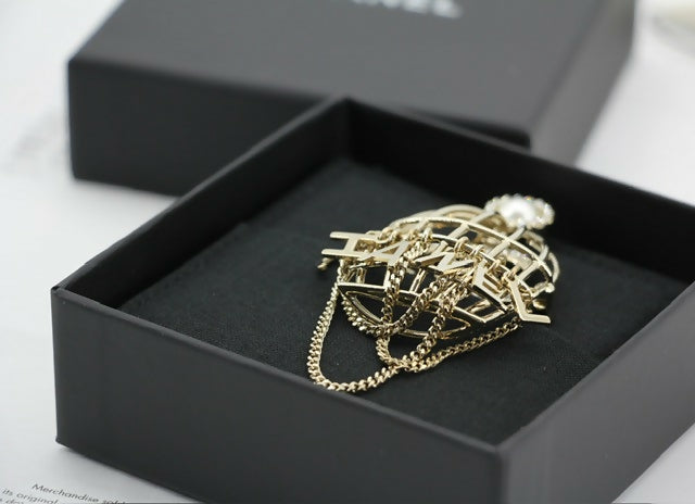 Chanel B22V Rhinestone & Metal Birdcage Brooch